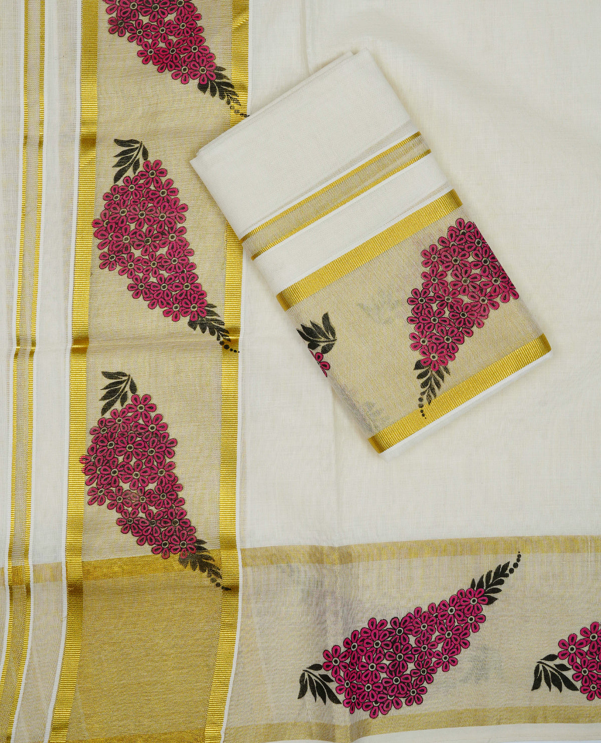 Cream colour cotton set mundu featuring gold kasav kara with floral print.