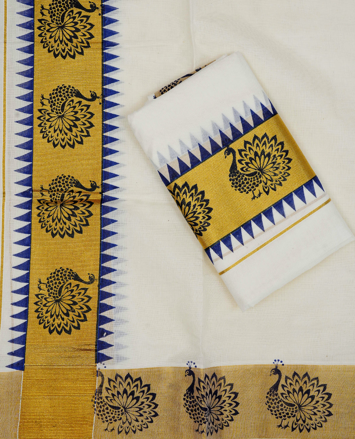 Cream colour cotton set mundu featuring Gold kara with Blue temple & peacock print.