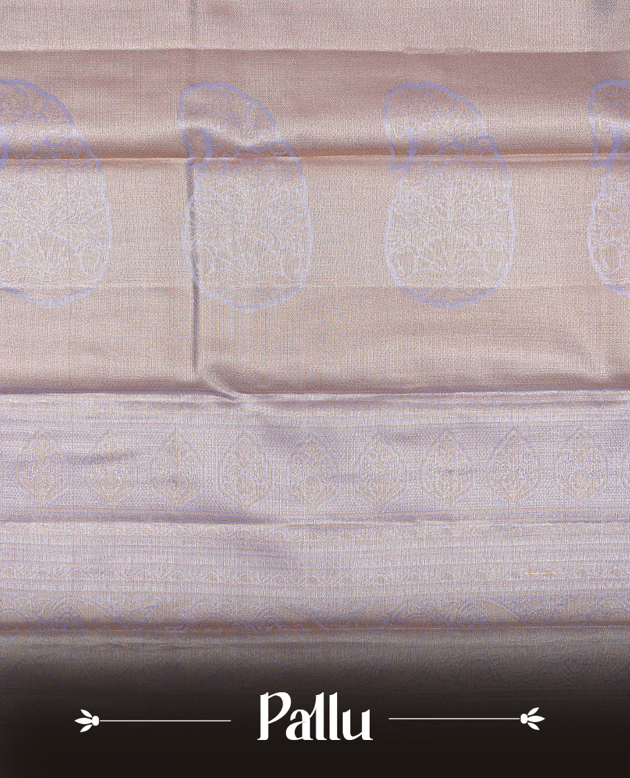 Lavender colour Semi tissue silk saree featuring gold zari kodi floral motifs on body, Self colour with traditional border, paired with matching blouse piece.