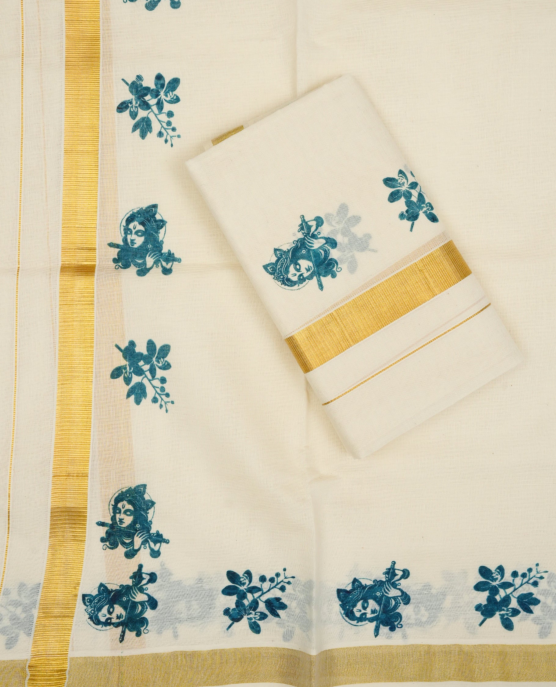 Cream colour cotton Set Mundu With Plain body, enhanced with Gold kasavu & Blue Krishnan Print kara.
