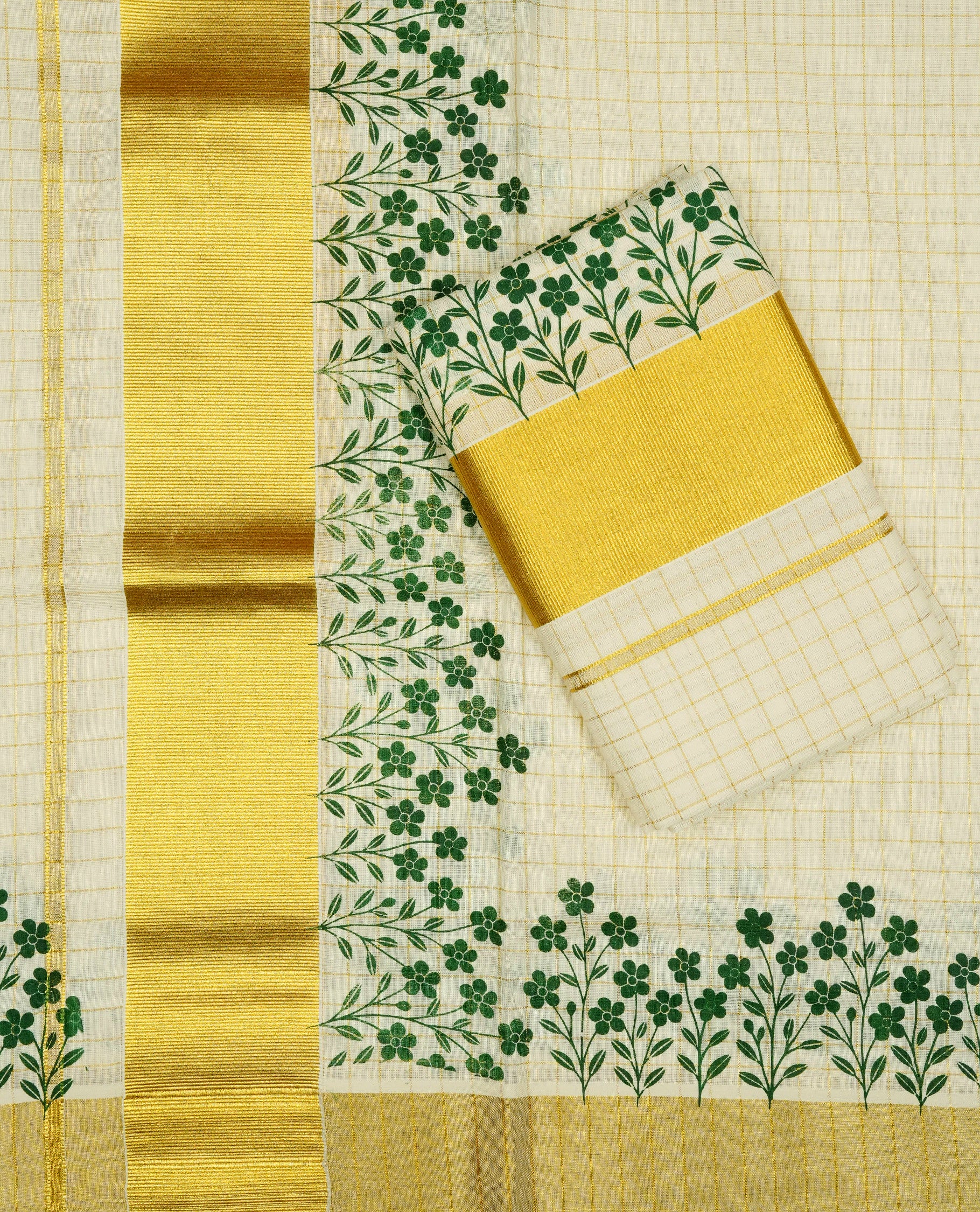 Cream colour cotton Set Mundu With gold zari check body, enhanced with Gold kasavu & Green colour floral print kara.