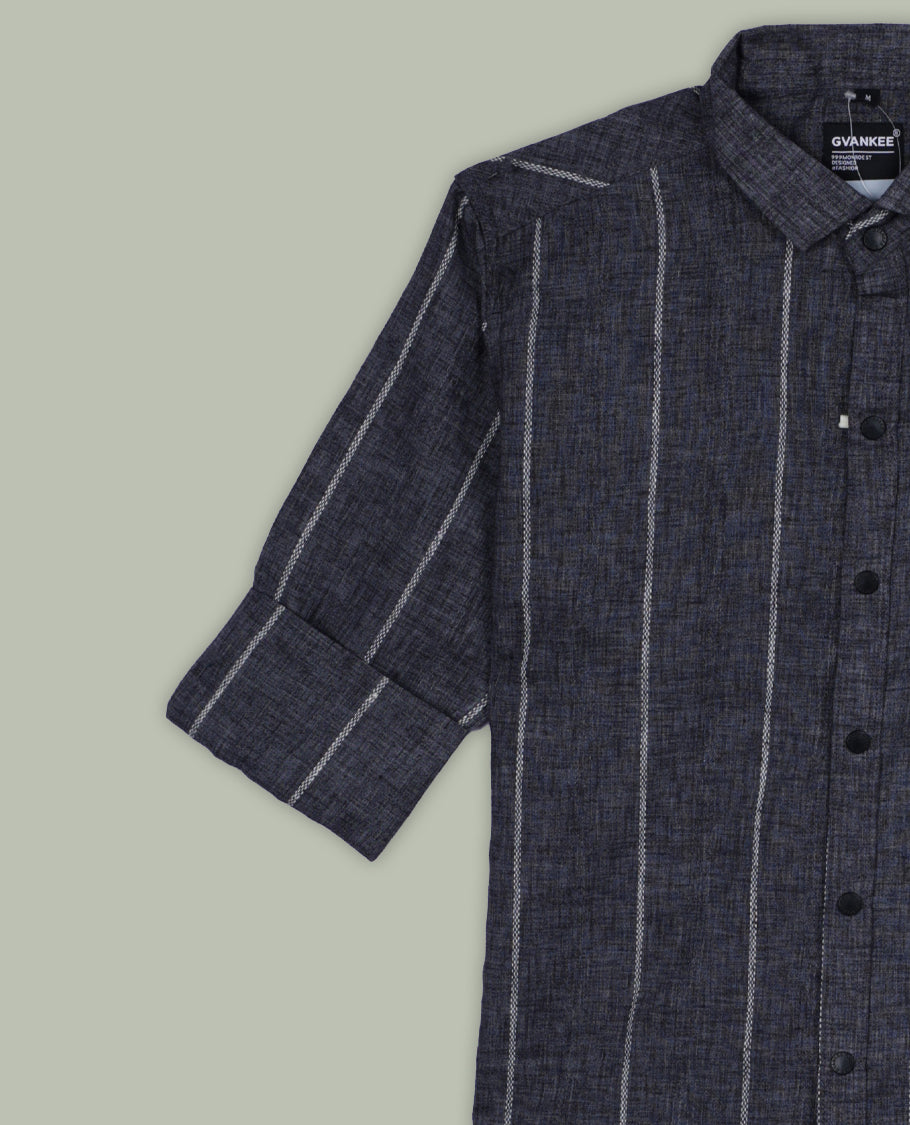 Dark Grey colour shirt soft cotton, featuring white vertical lines for a sleek, timeless look, Designed with a classic collar and full sleeves, it blends effortless style with everyday comfort.