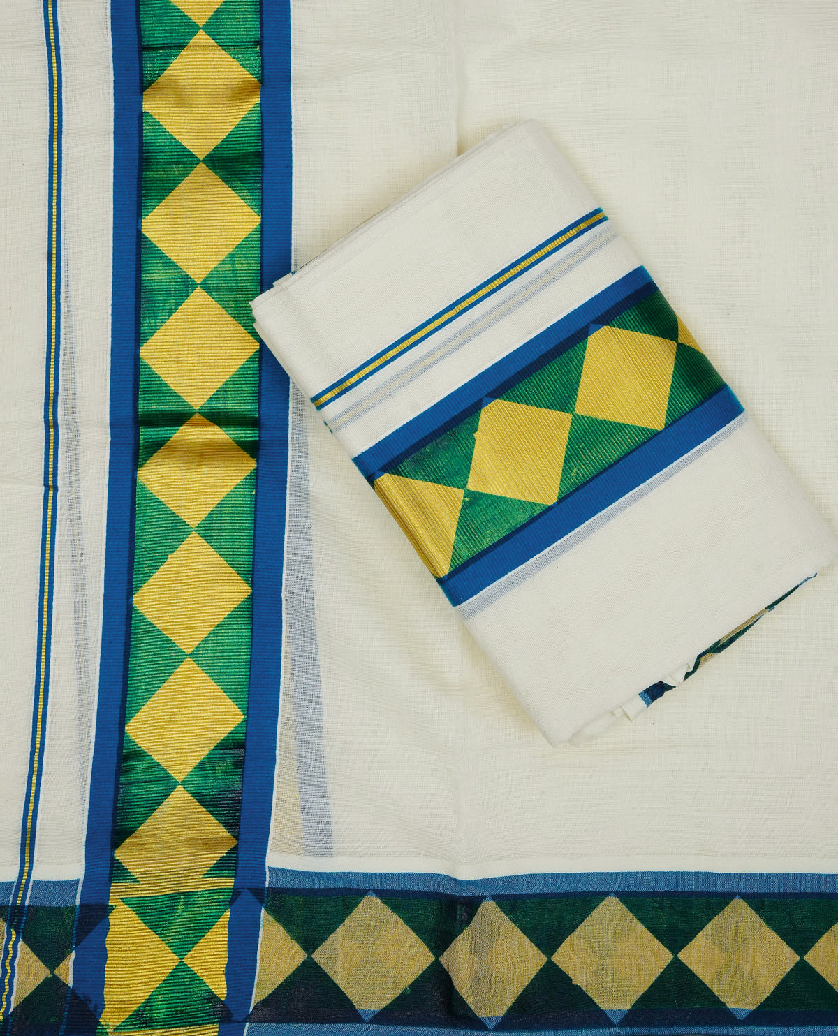 Cream colour cotton set mundu featuring Gold box pattern on blue kara .
