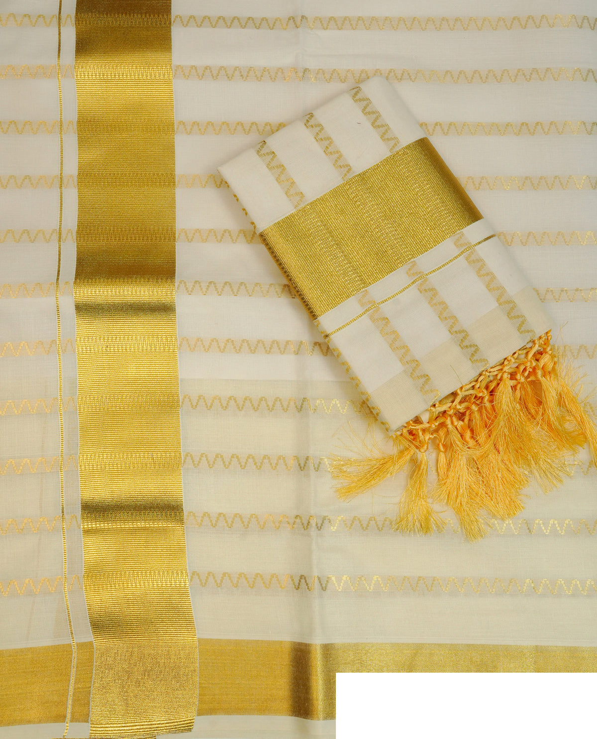 Cream colour cotton set mundu featuring gold zari zigzag strips on body, gold kasav kara.