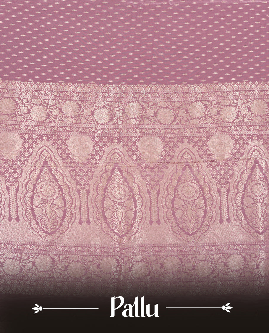 Lavender colour banaras satin crepe saree fearturing gold tiny leaf motifs on body, kodi visiri pattern on border & pallu and paired with matching blouse