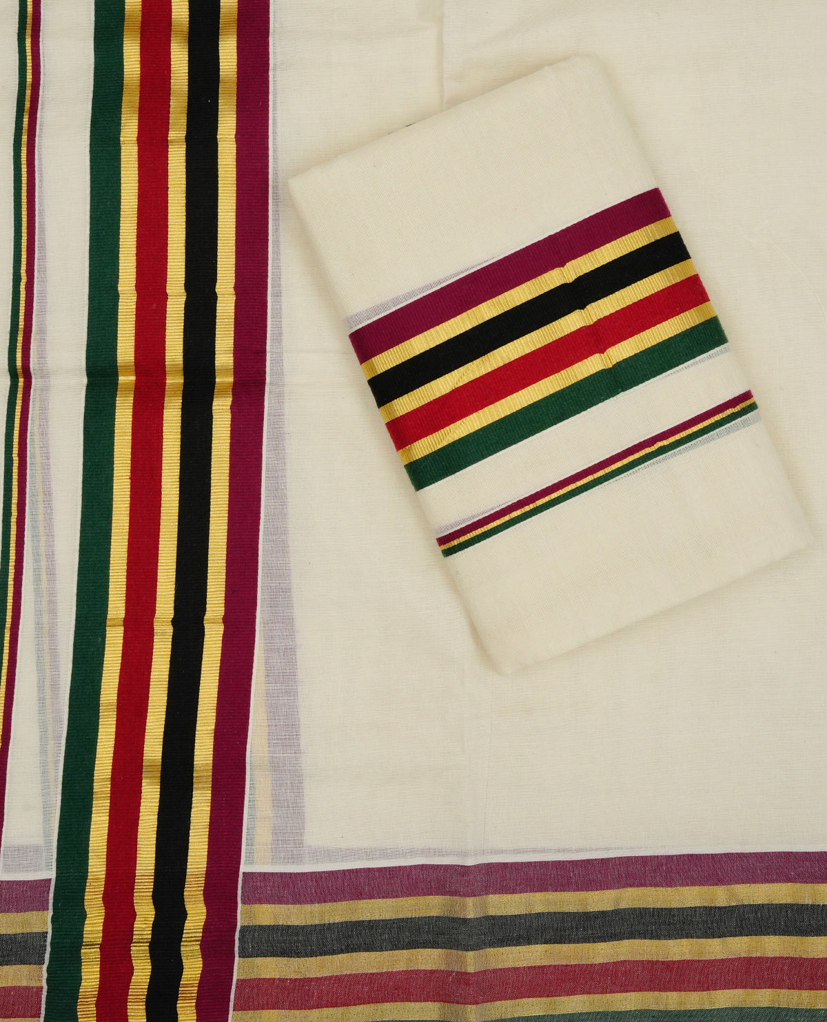 Cream colour Cotton set mundu With plain body, enhance gold zari with Green, red, black colour strip kara.