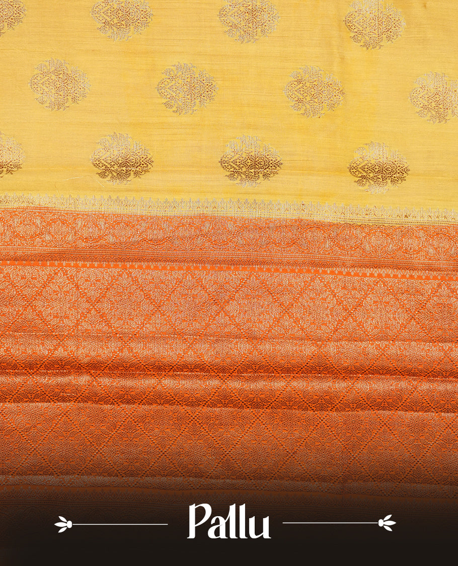 Gold Banaras soft silk saree with Antique zari motifs on body, with contrast Orange colour floral pattern on pallu, border, and Matching blouse.