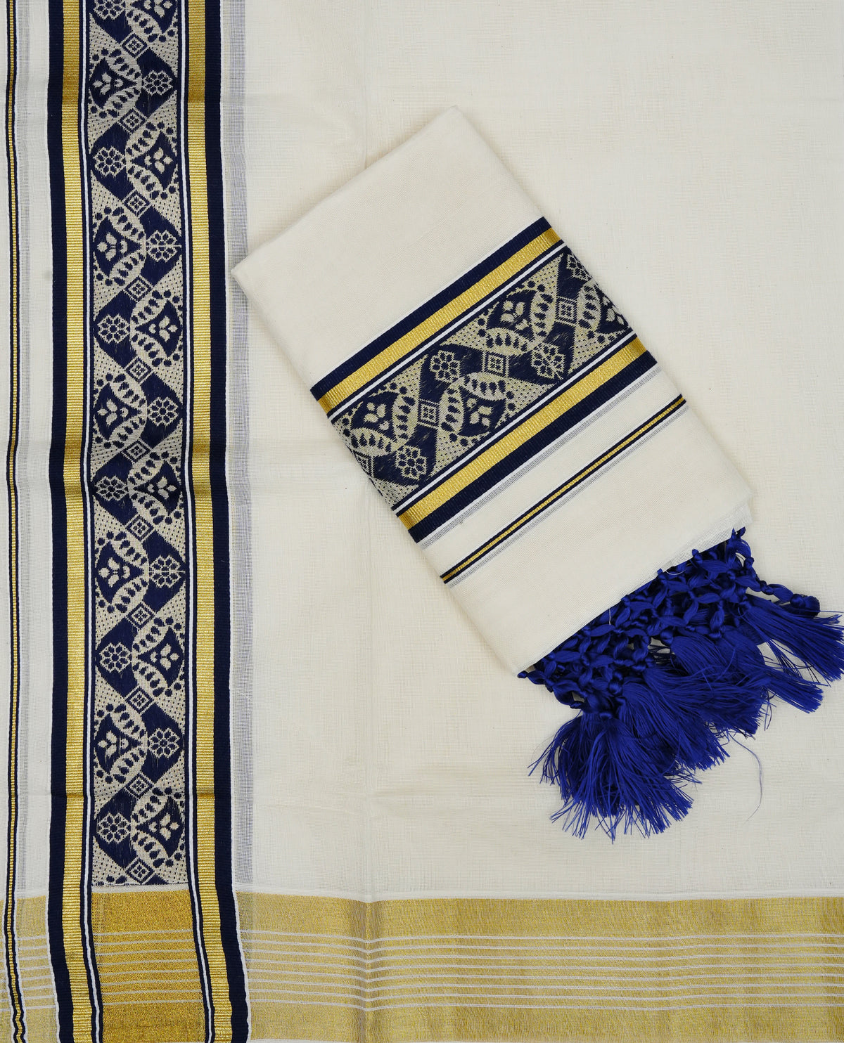 Cream colour cotton set mundu featuring Gold zari & navy blue border with Design pattern.