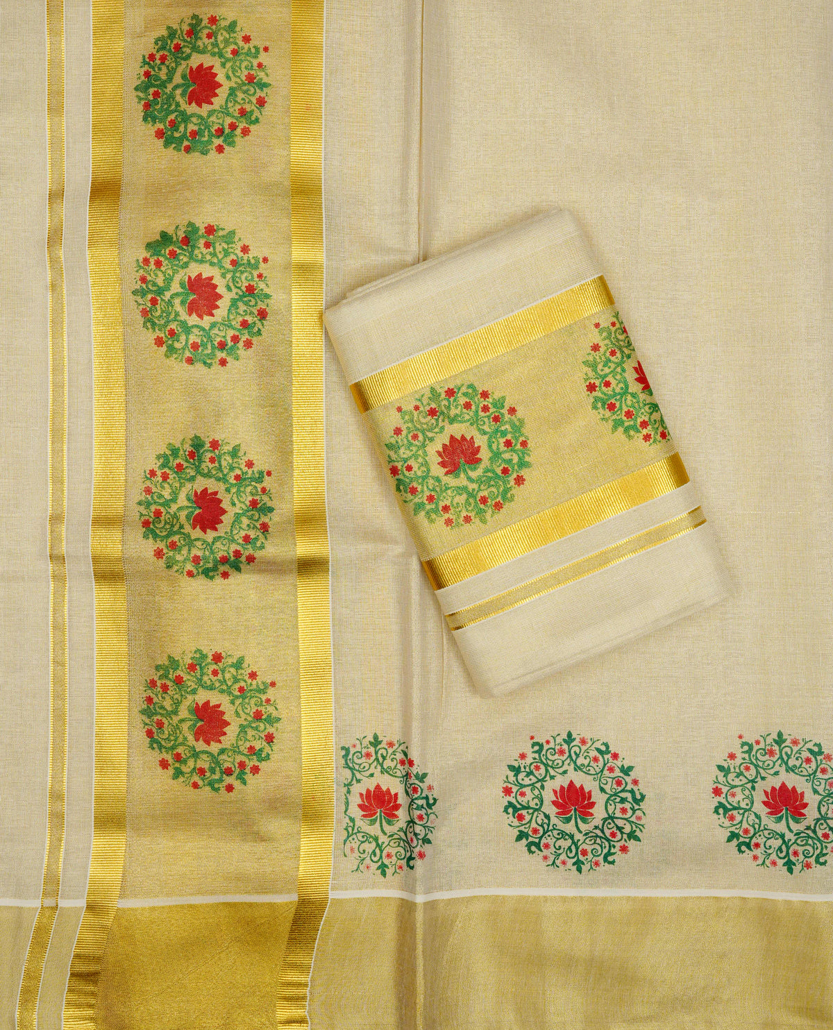 Cream Colour tissue set mundu featuring a Plain body, enhanced with Floral Prints On gold zari kara.
