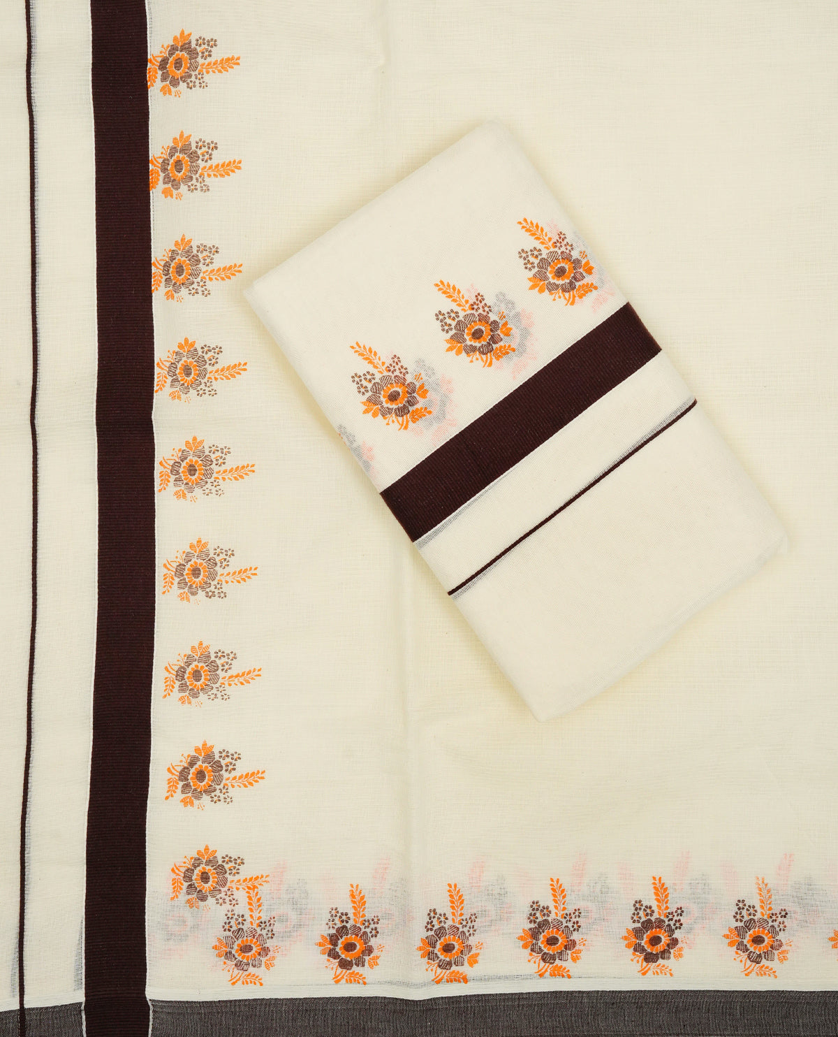 Cream colour cotton Set Mundu With Plain body, enhanced with Chocolate brown with printed kara.