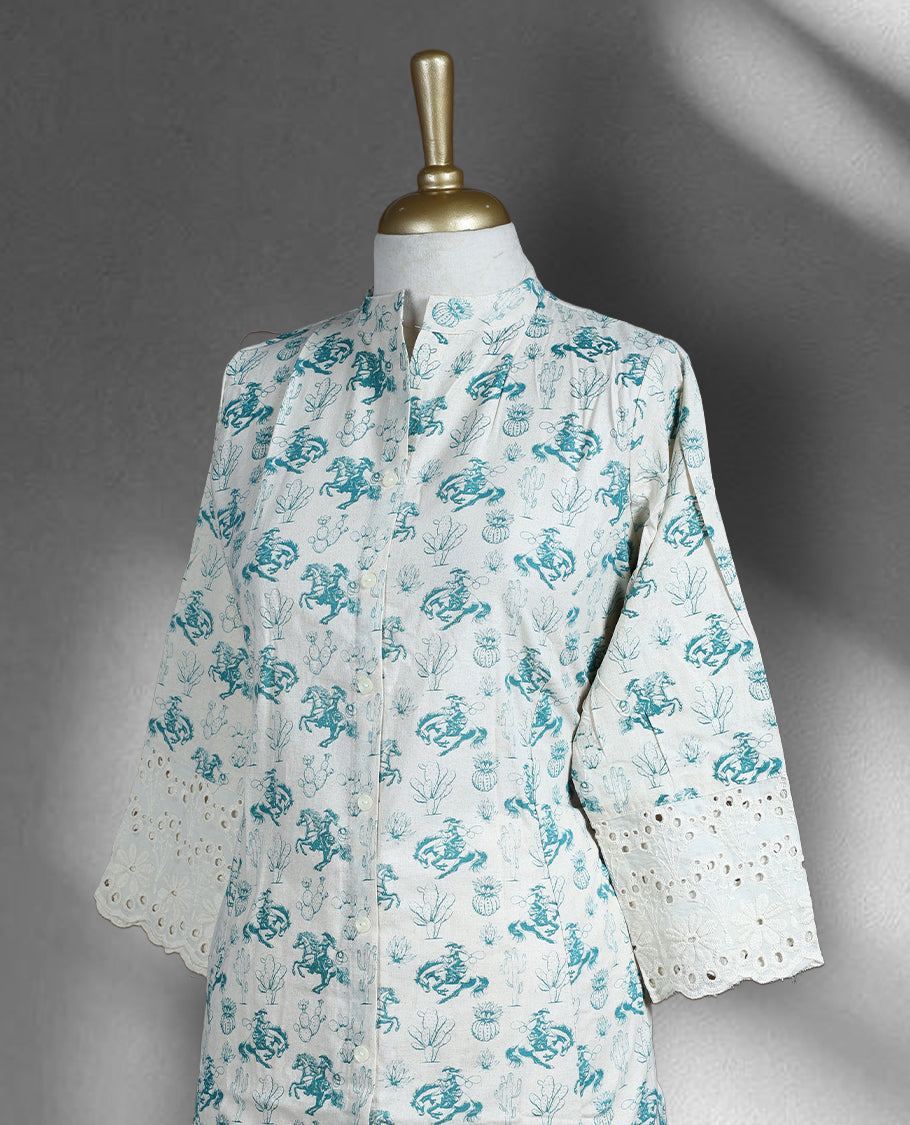 Off white colour cord set with sky blue floral prints, featuring a mandarin collar straight kurta with front slit and 3/4th sleeves detailed with lace, paired with matching straight pants.