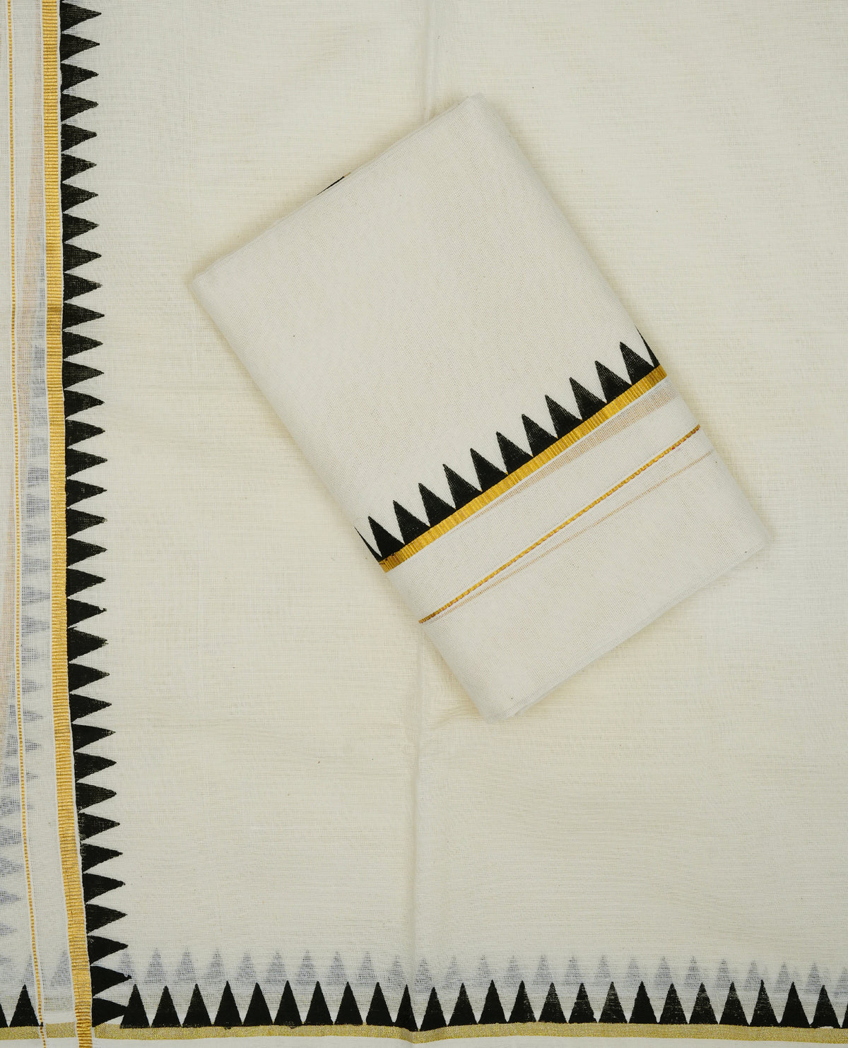 Cream colour cotton set mundu featuring gold zari with black temple printed border.