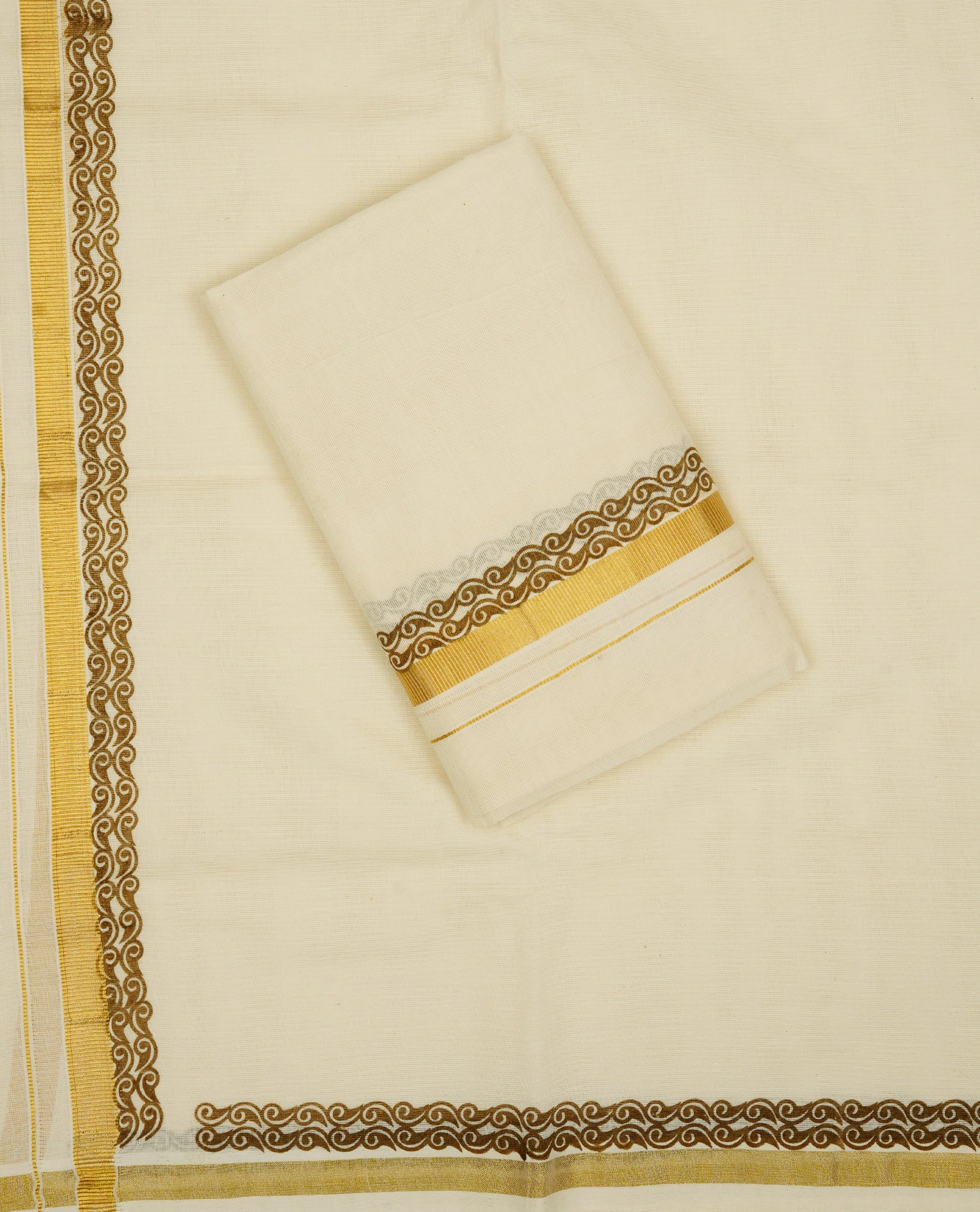 Cream colour cotton Set Mundu With Plain body, enhanced with Gold kasavu with Printed kara.