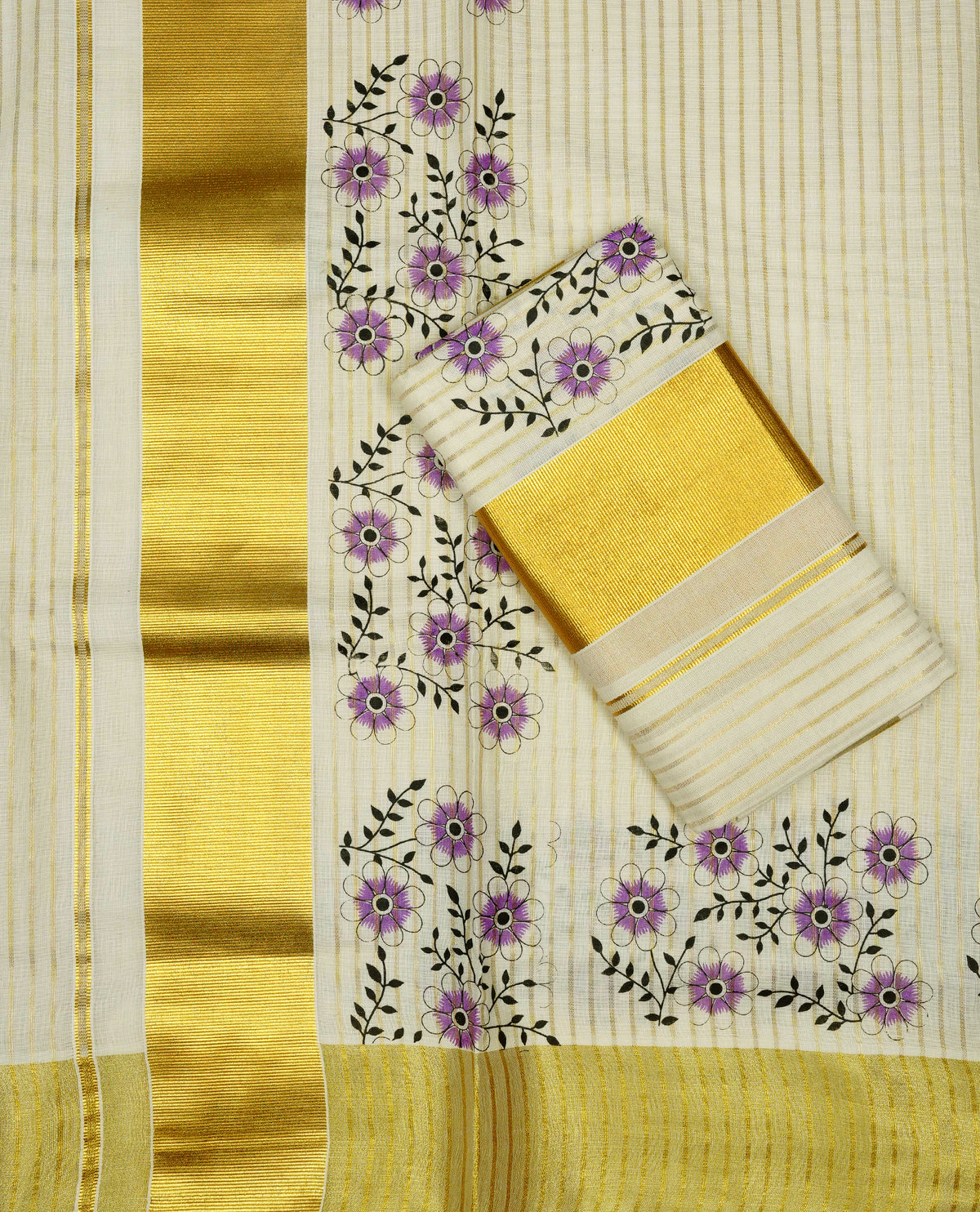Cream colour cotton set mundu featuring Gold strips on body, gold kasav with Purple Floral print kara.