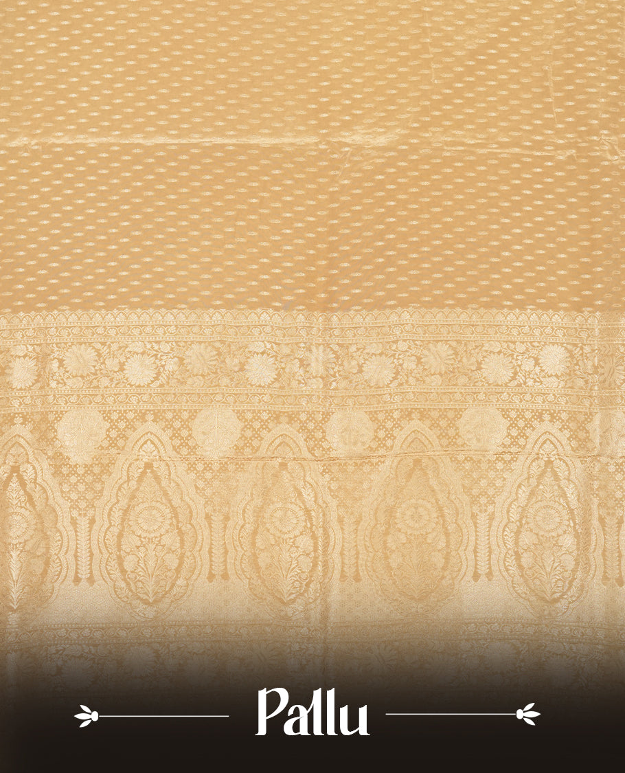 Gold colour banaras satin crepe saree fearturing gold tiny leaf motifs on body, kodi visiri pattern on border & pallu and paired with matching blouse
