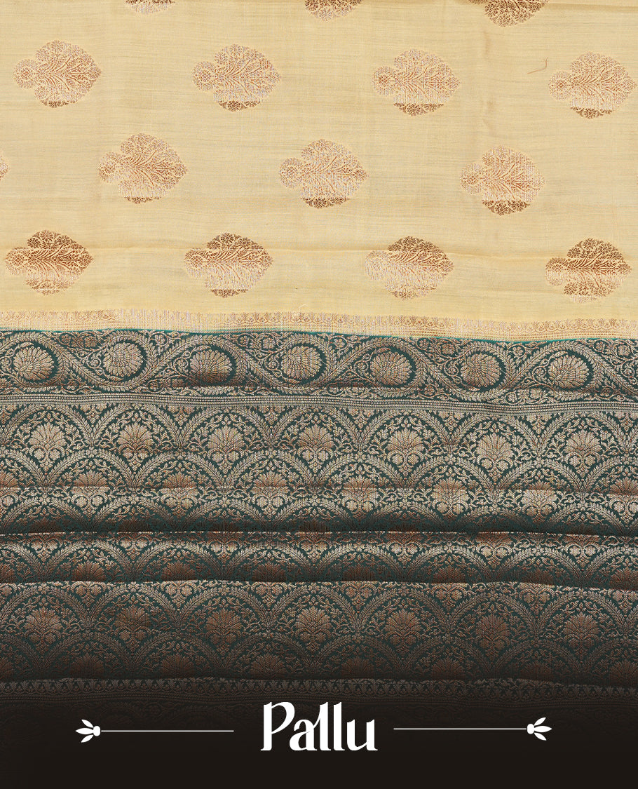 Gold Cream Banaras soft silk saree with gold zari oval motifs on body, with contrast Teal colour floral pattern on pallu, border, and Matching blouse.