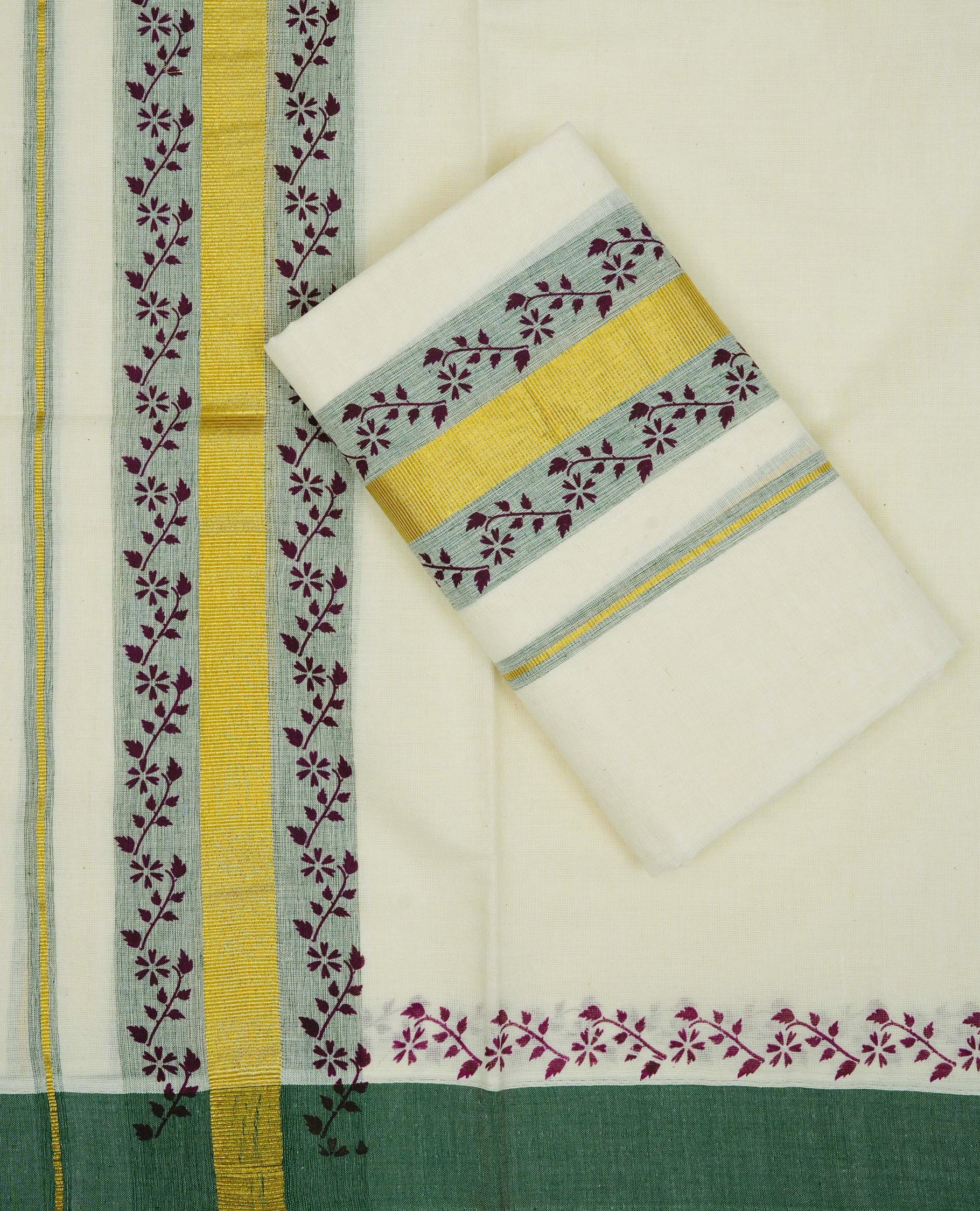 Cream colour cotton set mundu featuring Gold with grey kara with print.
