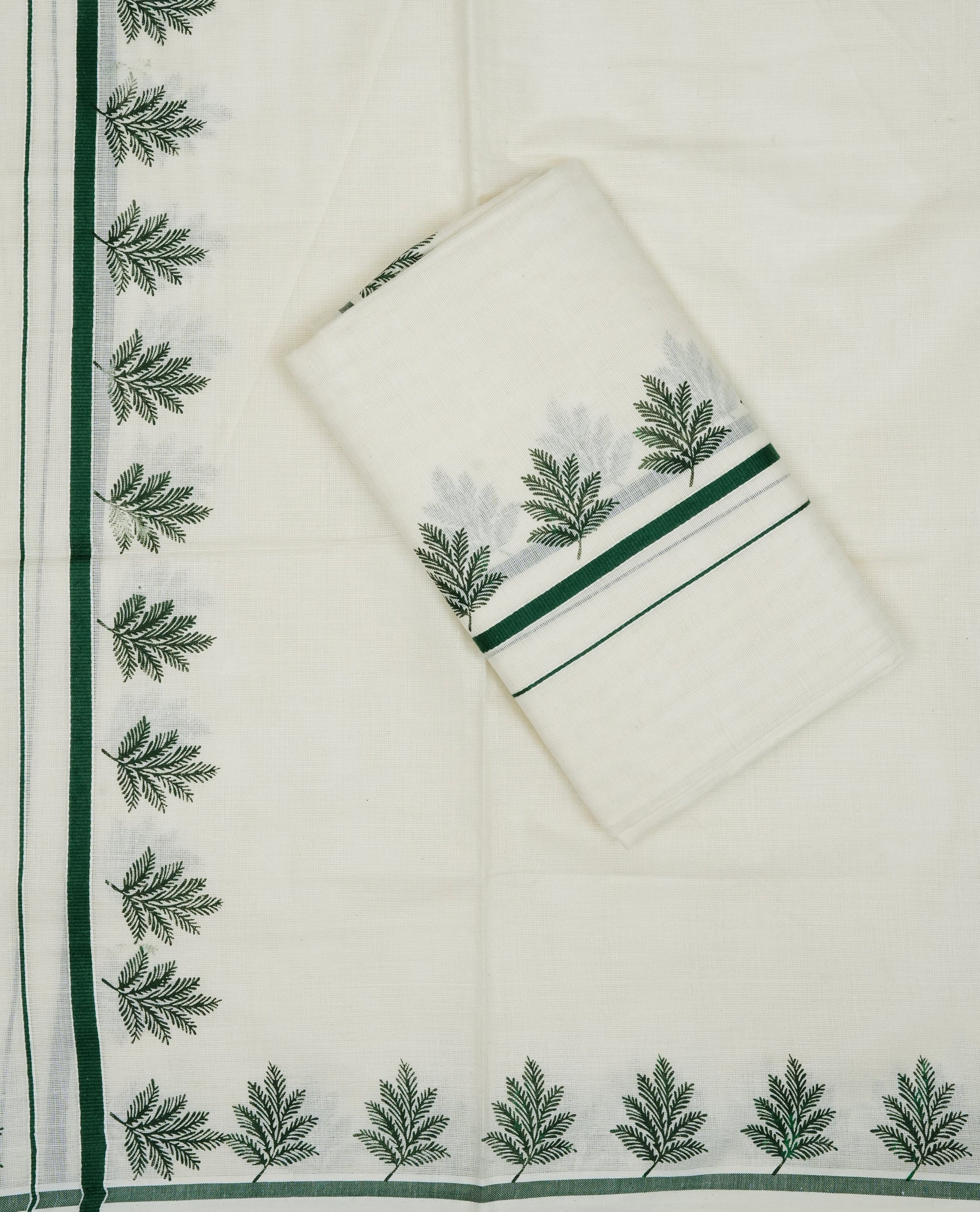 Cream colour cotton set mundu featuring green kara with leaf print.