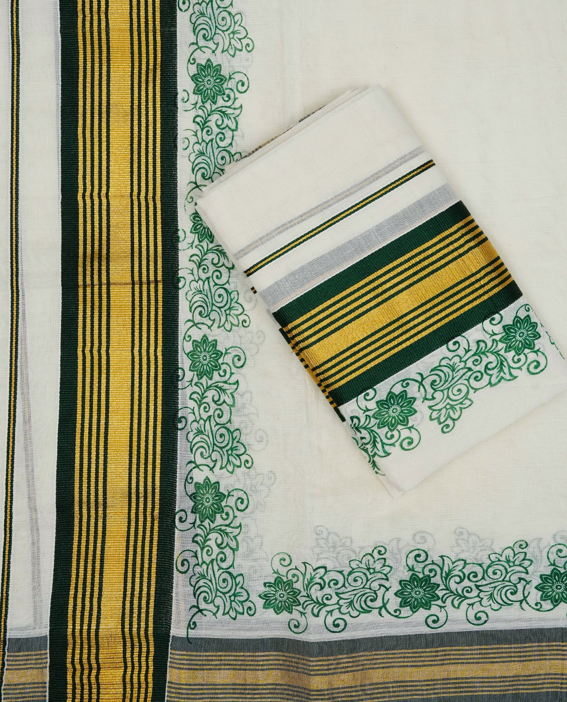 Cream colour cotton set mundu featuring Gold & green kara with floral print.