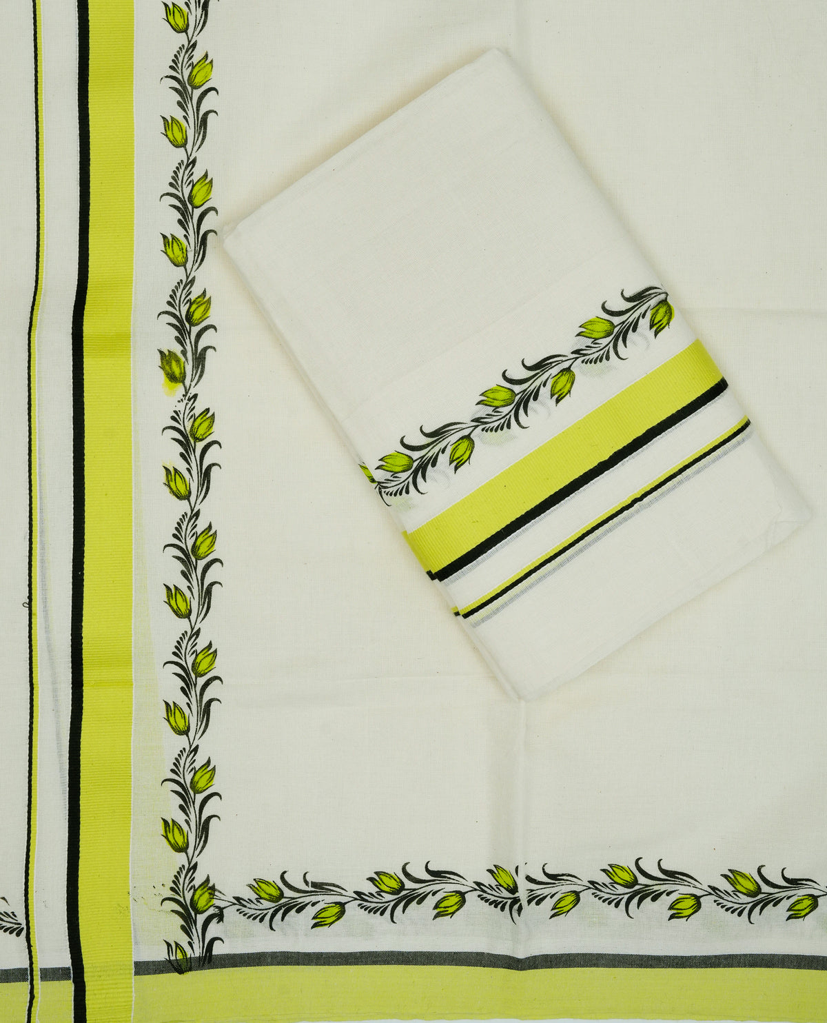 Cream colour Cotton set mundu featuring Black & Yellow kara with Floral kodi printed border