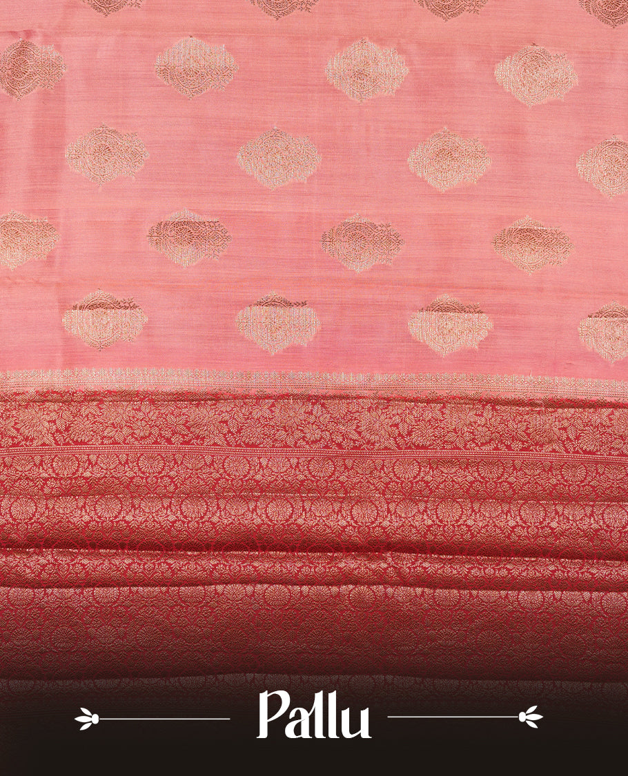 Pink peach Banaras soft silk saree with gold zari motifs on body, with contrast deep red colour floral pattern on pallu, border, and Matching blouse.