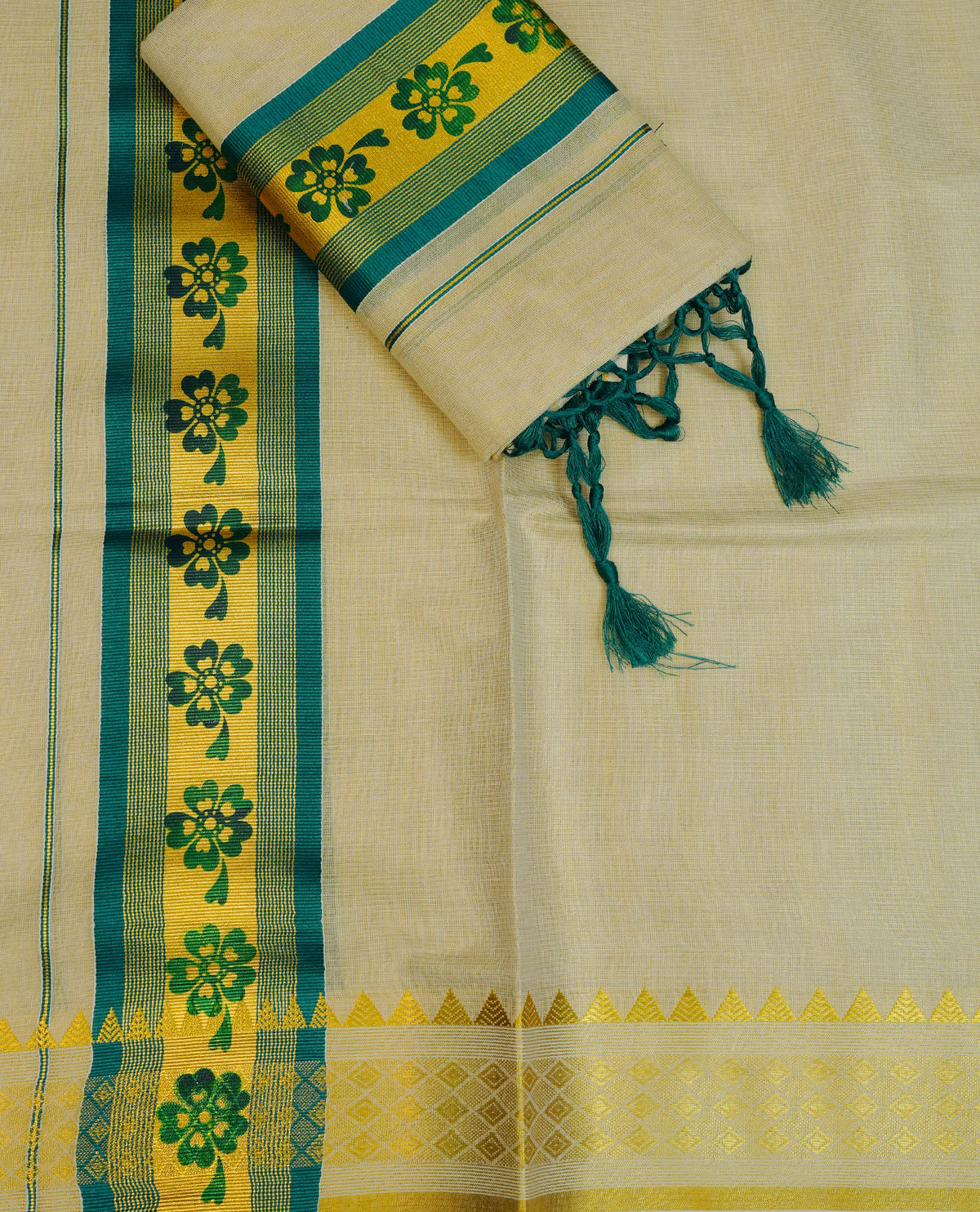 Light gold tissue set mundu featuring Teal colour print on kasav kara.