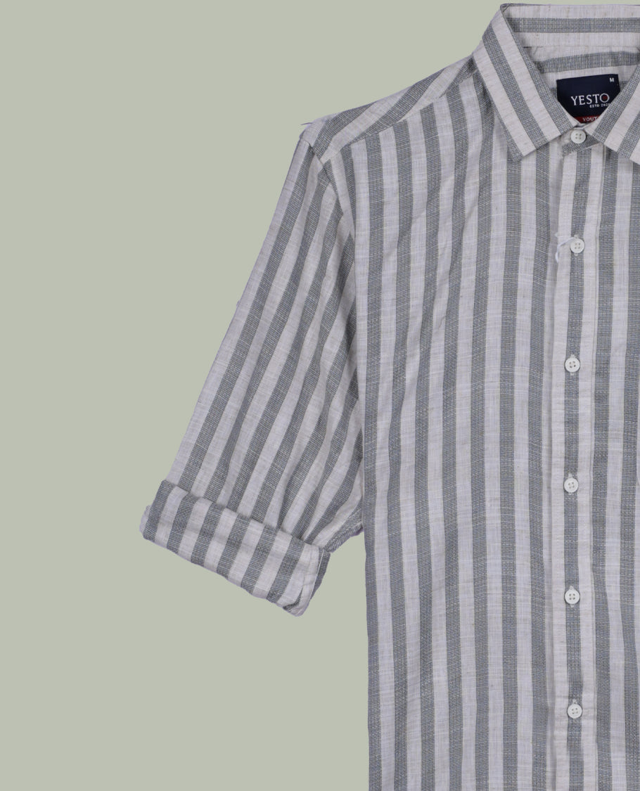 Beige and grey colour striped shirt in soft cotton, featuring vertical lines for a sleek, timeless look, Designed with a classic collar and full sleeves, it blends effortless style with everyday comfort.