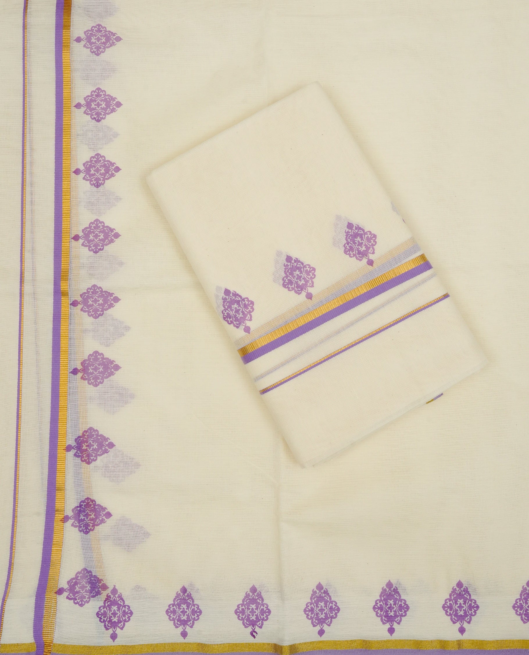 Cream colour cotton Set Mundu With Plain body, enhanced with Gold zari & design printed kara.
