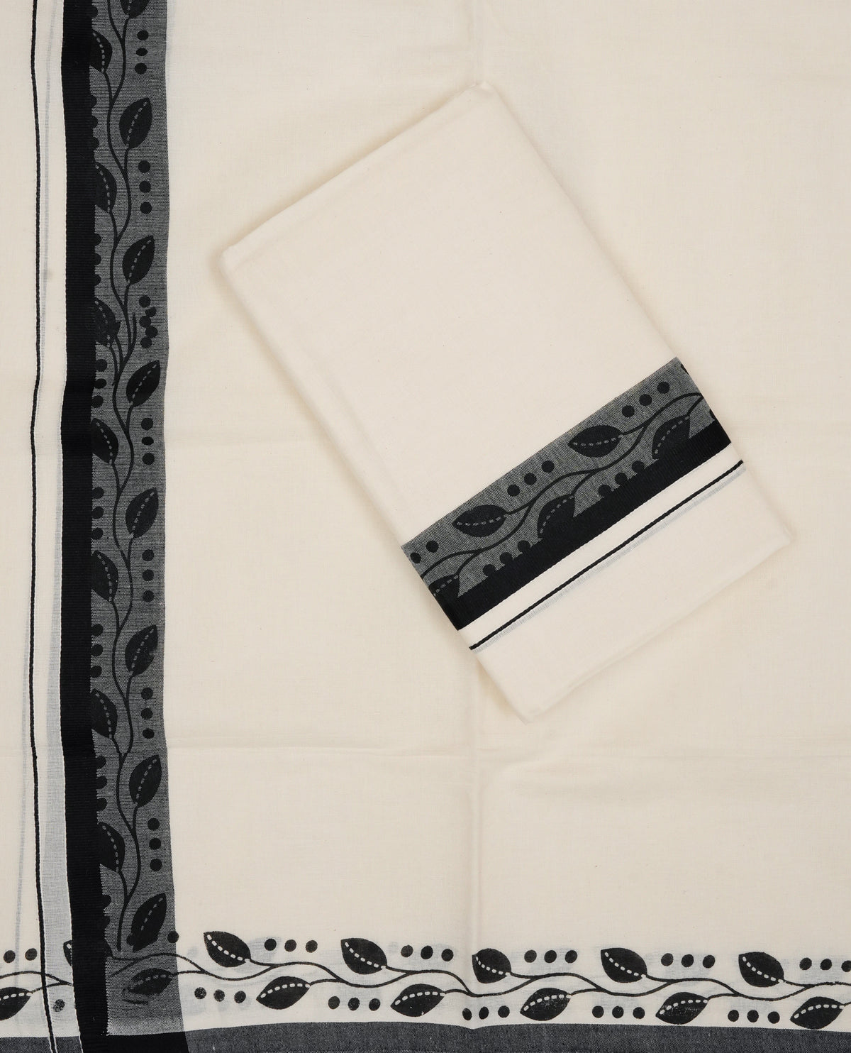 Cream colour cotton Set Mundu With Plain body, enhanced with Black & kodi Printed kara.