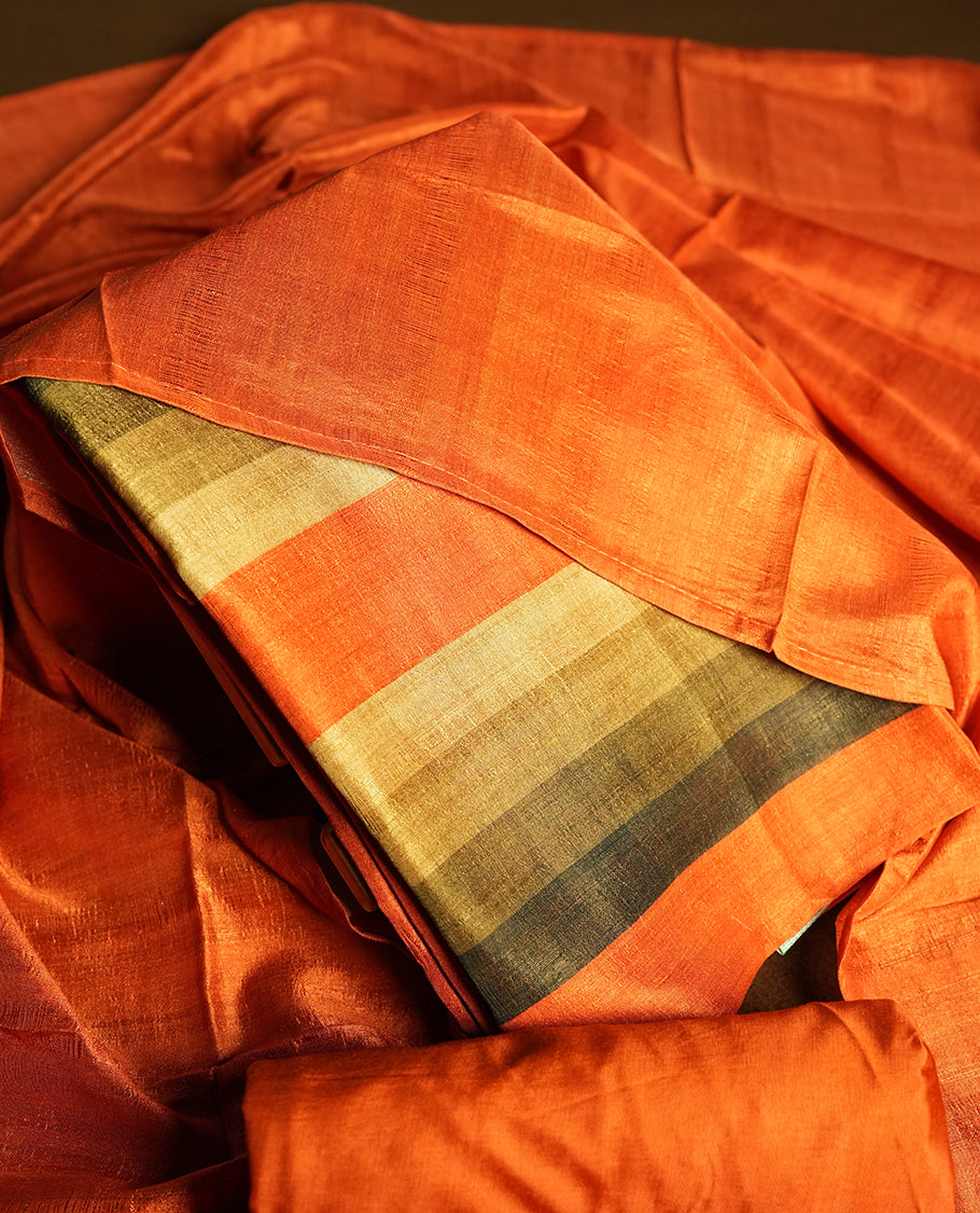 Orange colour churidhar material featuring elegant horizontal stripes on the yoke and dupatta, woven in shades of Green and Orange & Paired with a matching plain bottom