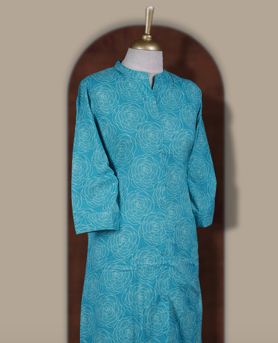 Sky blue colour coord set featuring elegant floral prints all over, mandarin collar, and sheer 3/4 sleeves, Paired with matching pants, it offers a sleek, modern look perfect for refined casual wear.