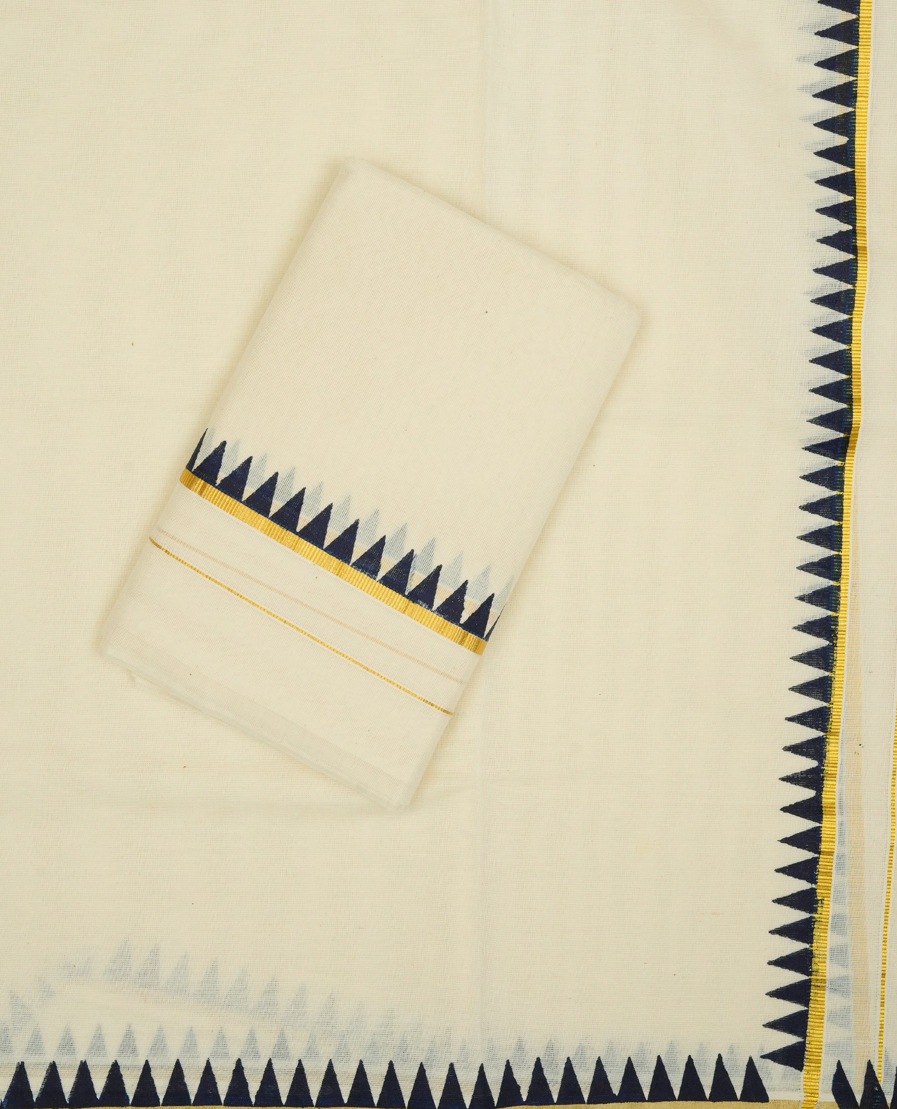 Cream colour Cotton set mundu With plain body, enhance gold zari with black temple print kara.