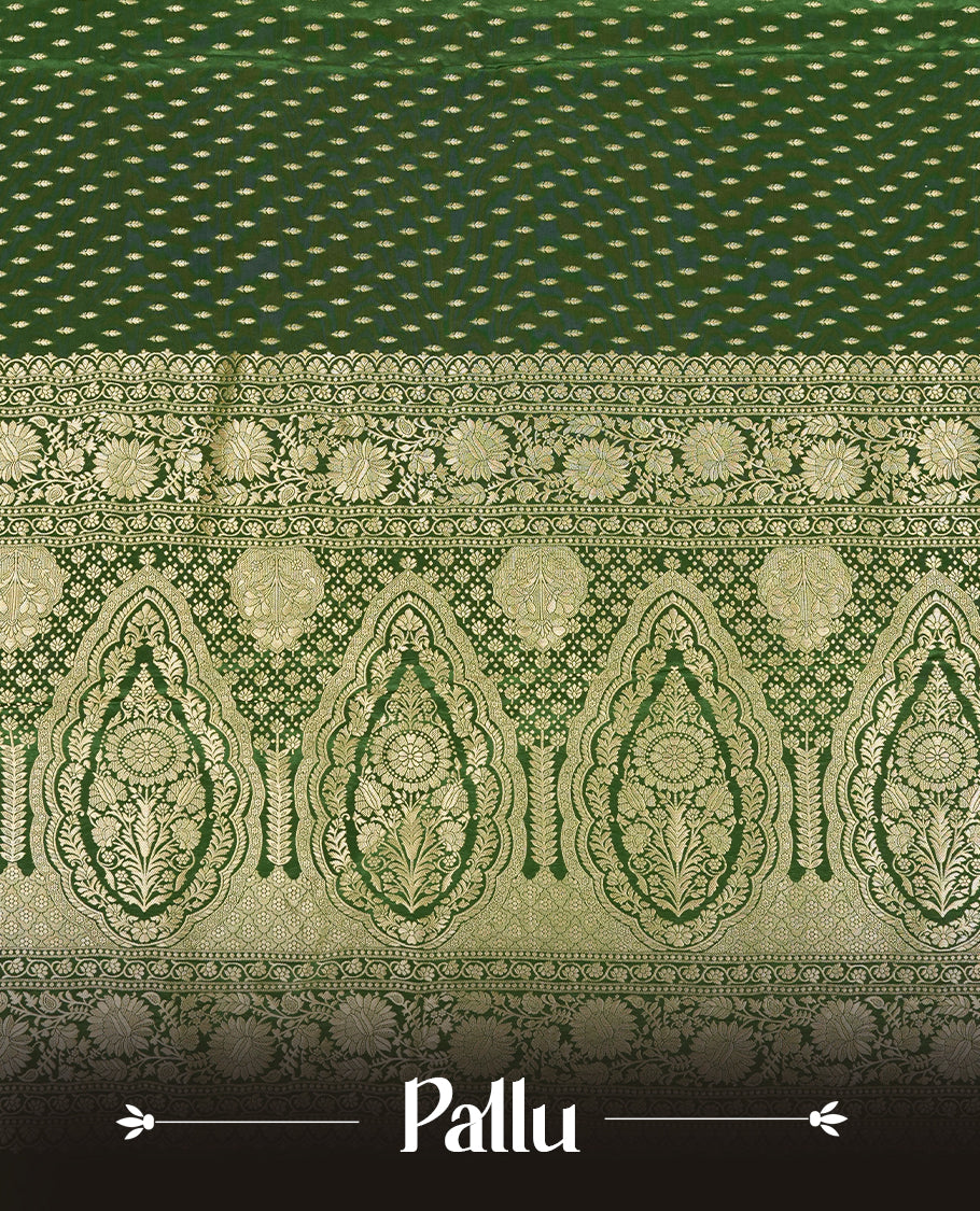 Green colour banaras satin crepe saree fearturing gold tiny leaf motifs on body, kodi visiri pattern on border & pallu and paired with matching blouse