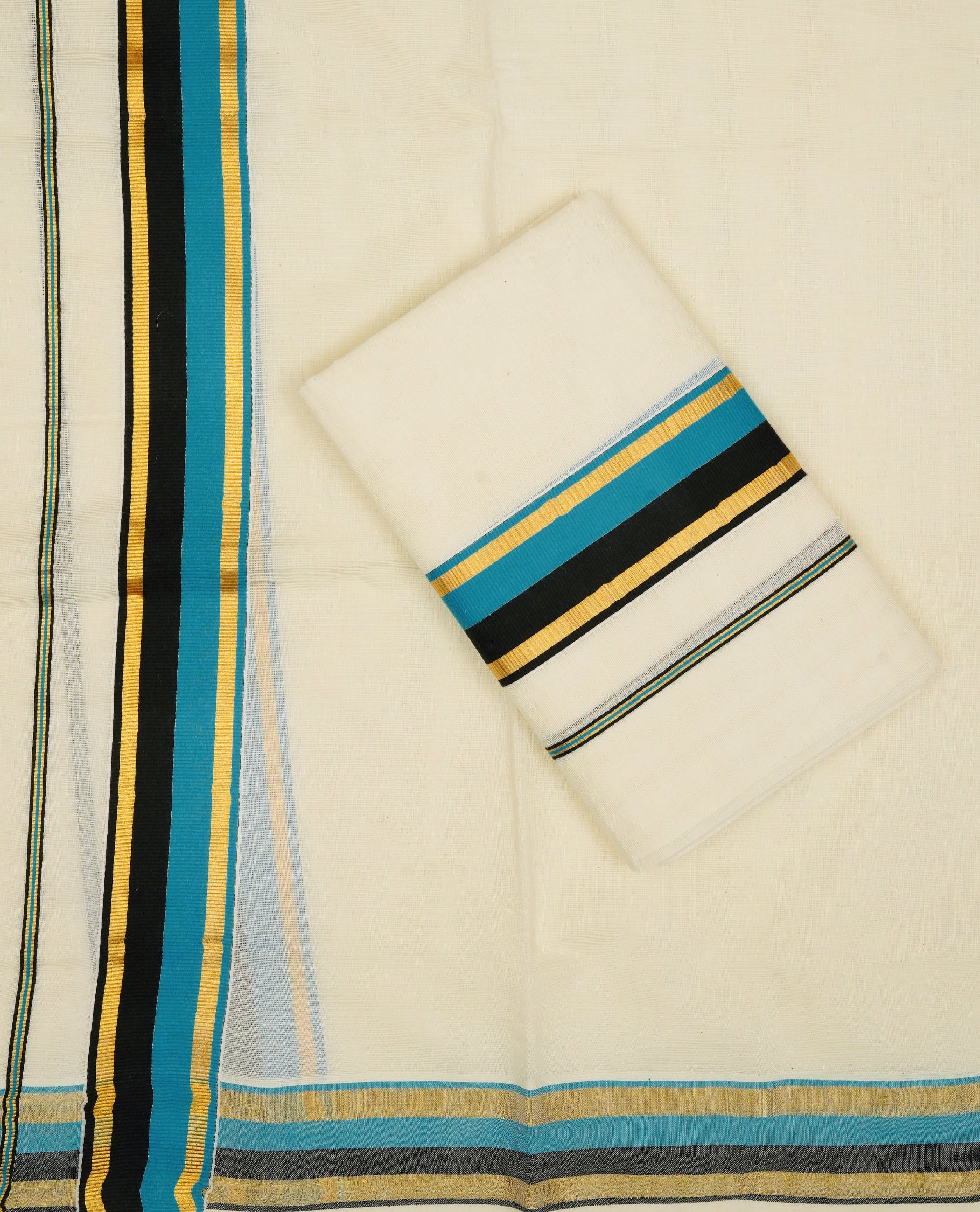 Cream colour cotton Set Mundu With Plain body, enhanced with Gold kasavu with blue & black kara.