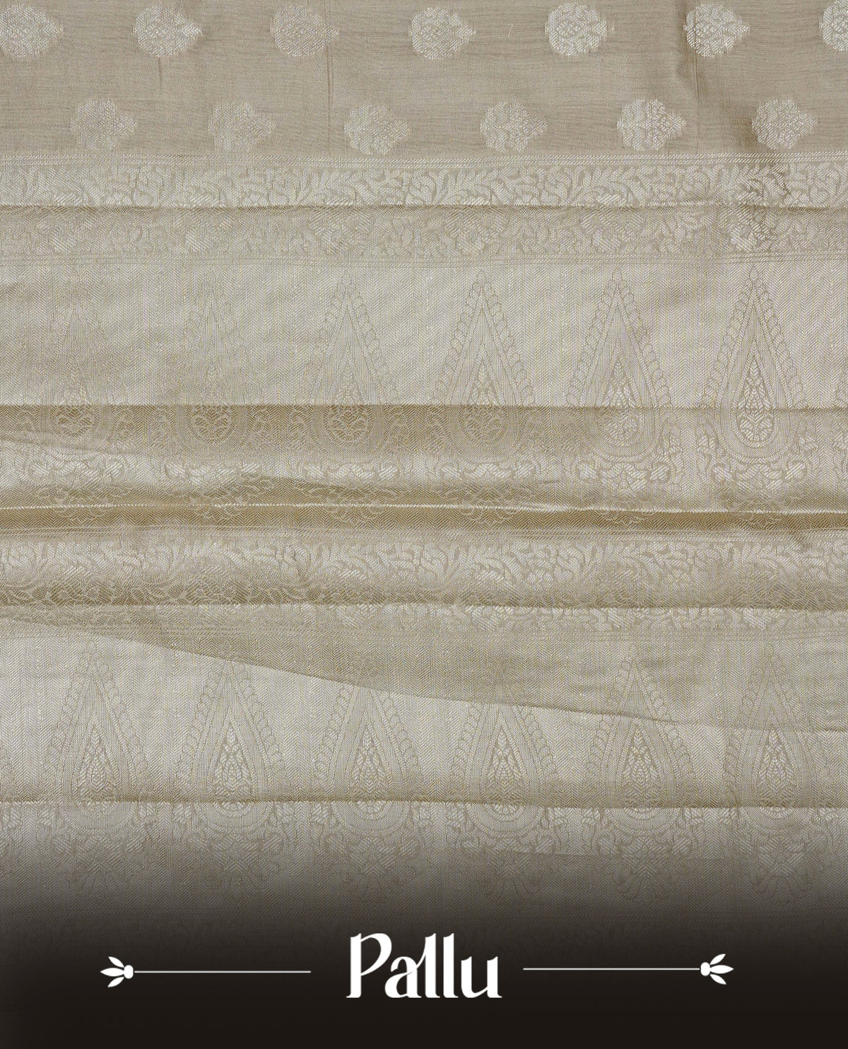 Beige colour Banaras saree featuring Silver zari buttas on body, complemented by zari pattern on self colour border, comes with matching blouse piece.