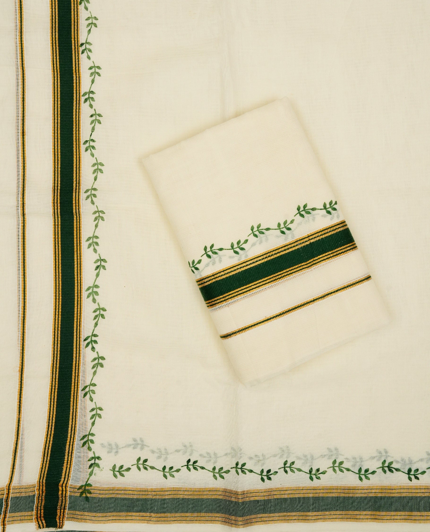 Cream colour cotton Set Mundu With Plain body, enhanced with Gold kasavu with Printed & green kara.