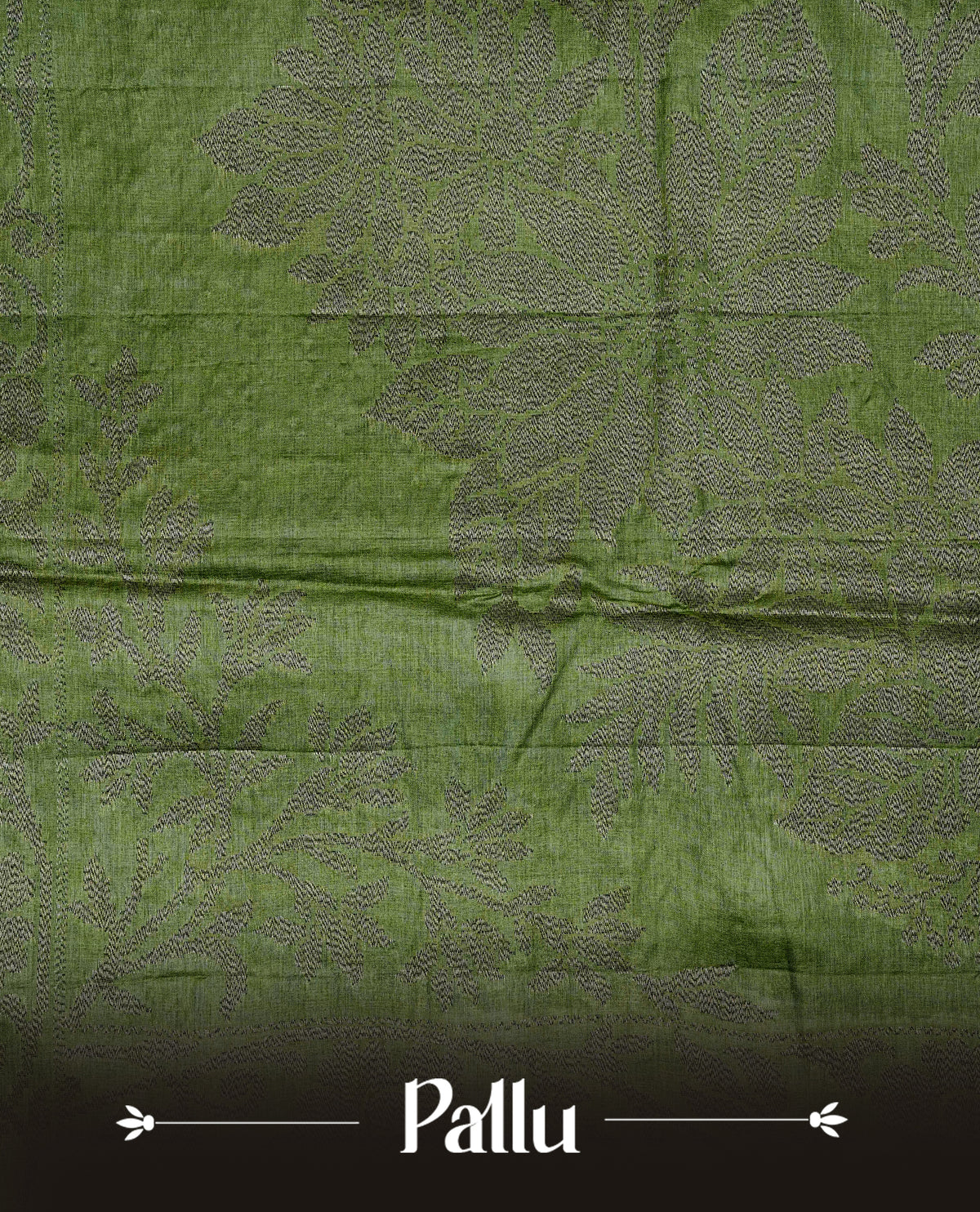 Olive green colour banaras saree featuring Antique zari kodi pattern on body, complemented by Zari pattern on self colour border, comes with matching blouse piece.