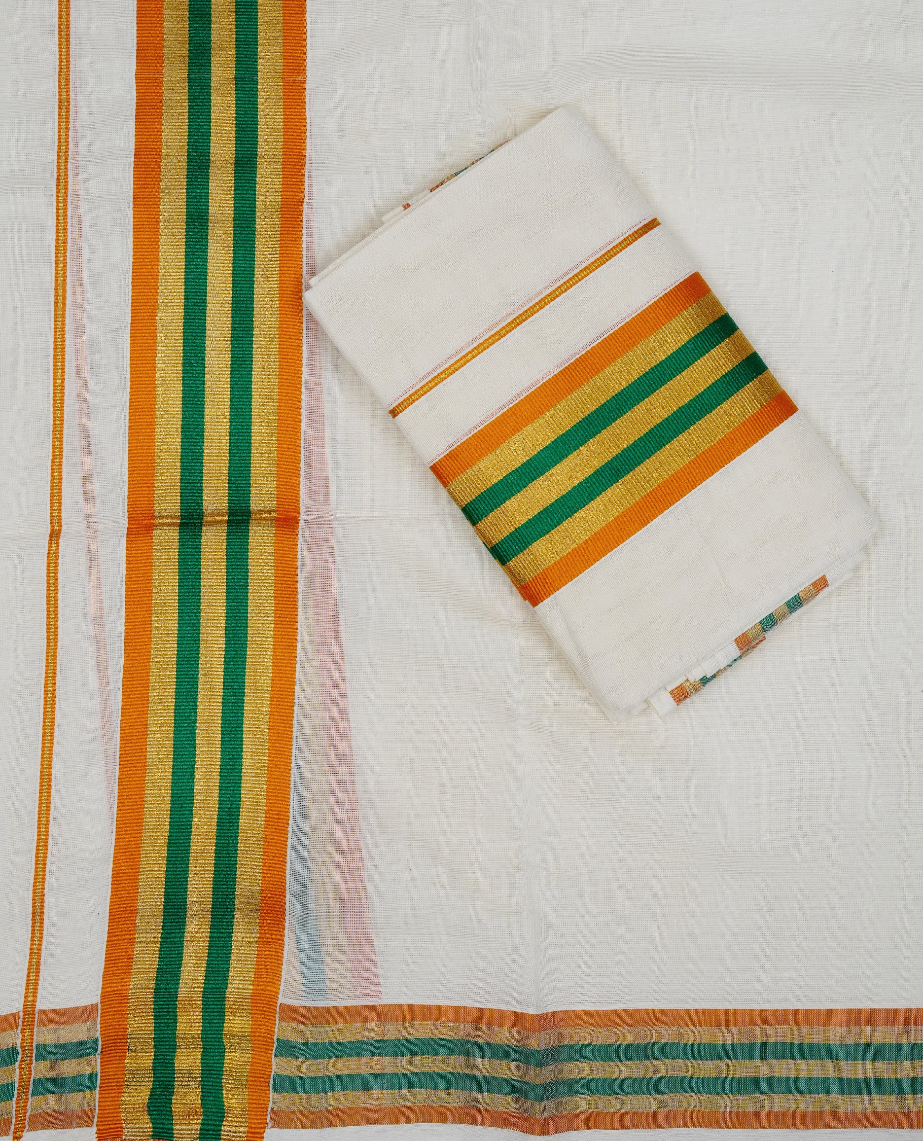 Cream colour cotton set mundu featuring gold & green, orange colour kara.