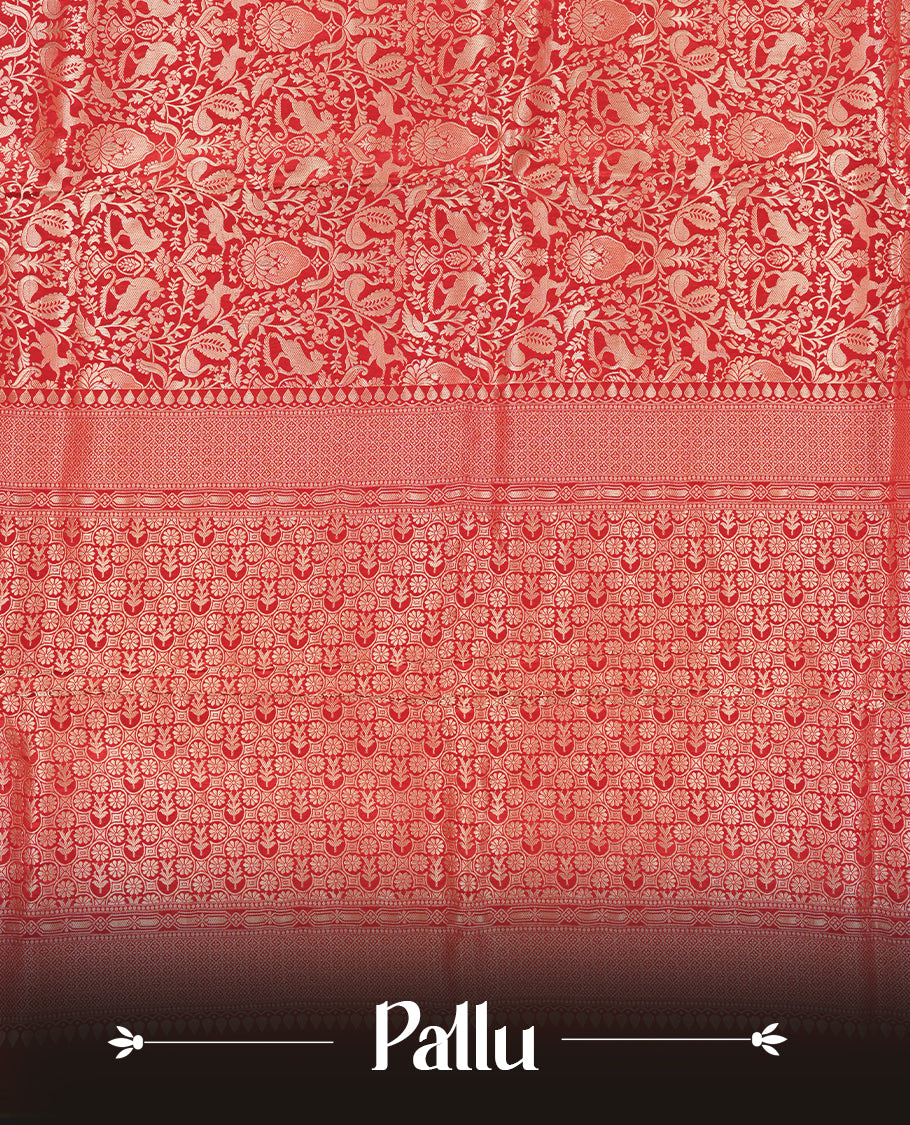 Dark red colour Mysore Crepe Silk saree fearturing gold Zari kodi visiri & Animal brocade pattern on body and self colour border paired with matching blouse