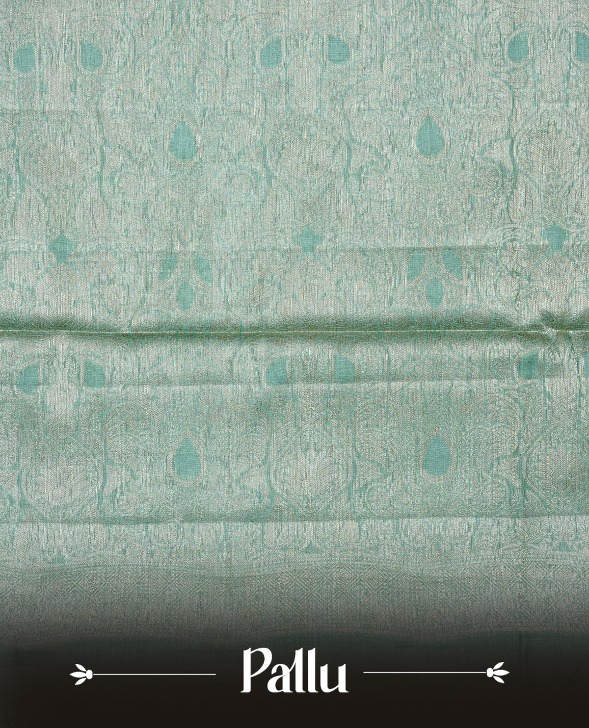 Pastel green Colour banaras saree featuring Light gold zari Floral kodi pattern on body, complemented by borderless finish, comes with matching blouse piece.