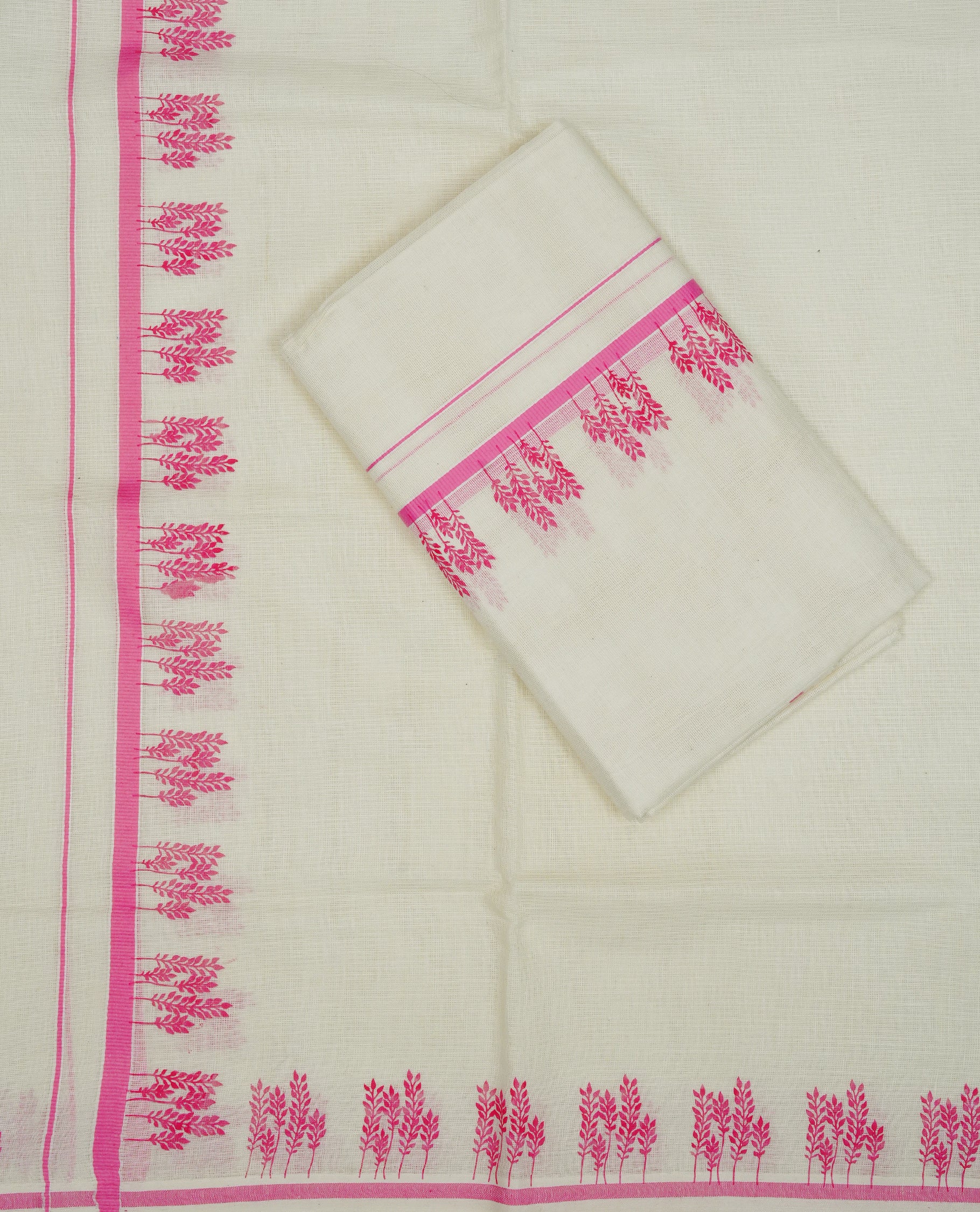 Cream colour cotton set mundu featuring Pink kara with print.