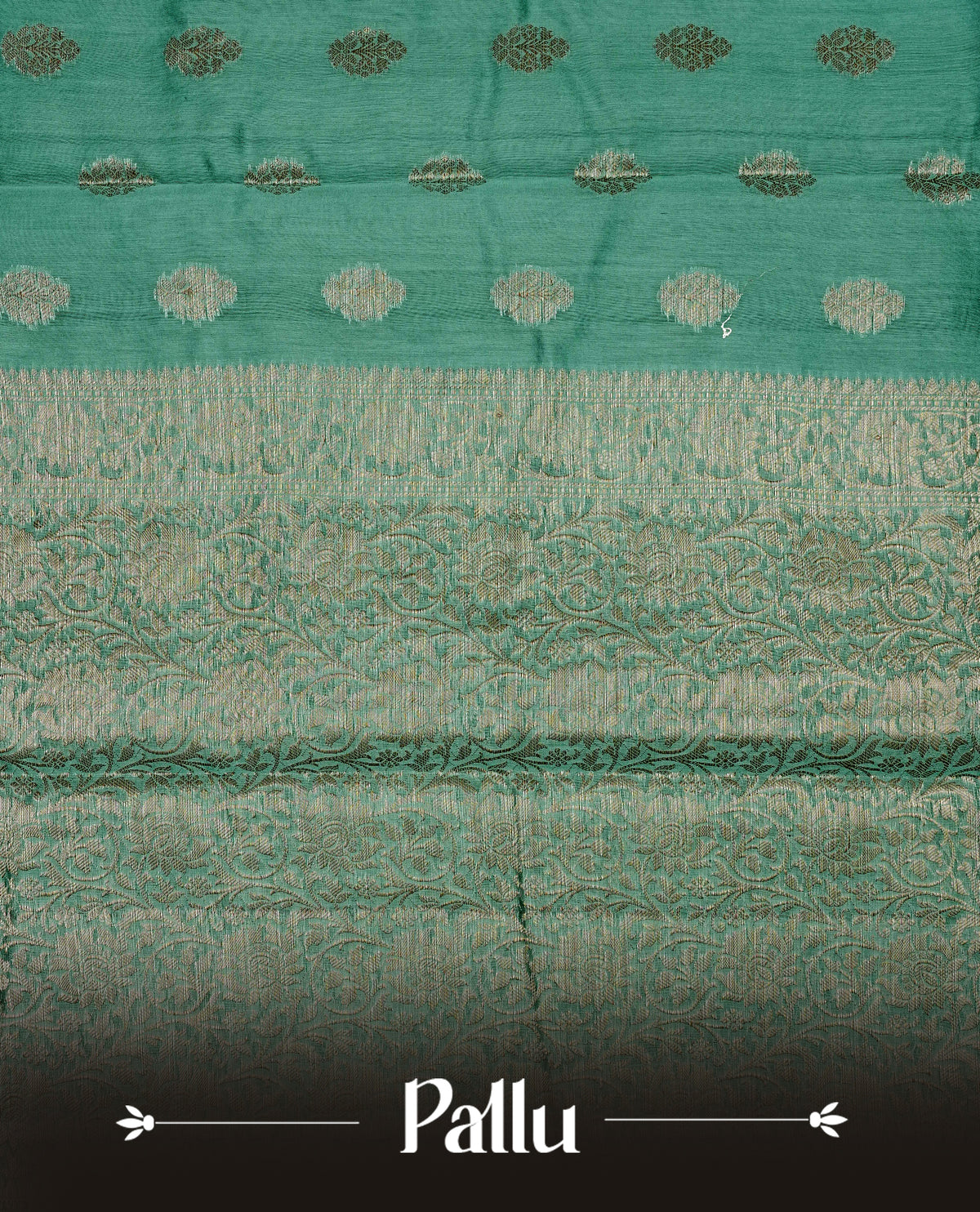 Sea green colour Banaras silk saree featuring gold zari buttas on body, complemented by self colour with zari border, comes with matching blouse piece.