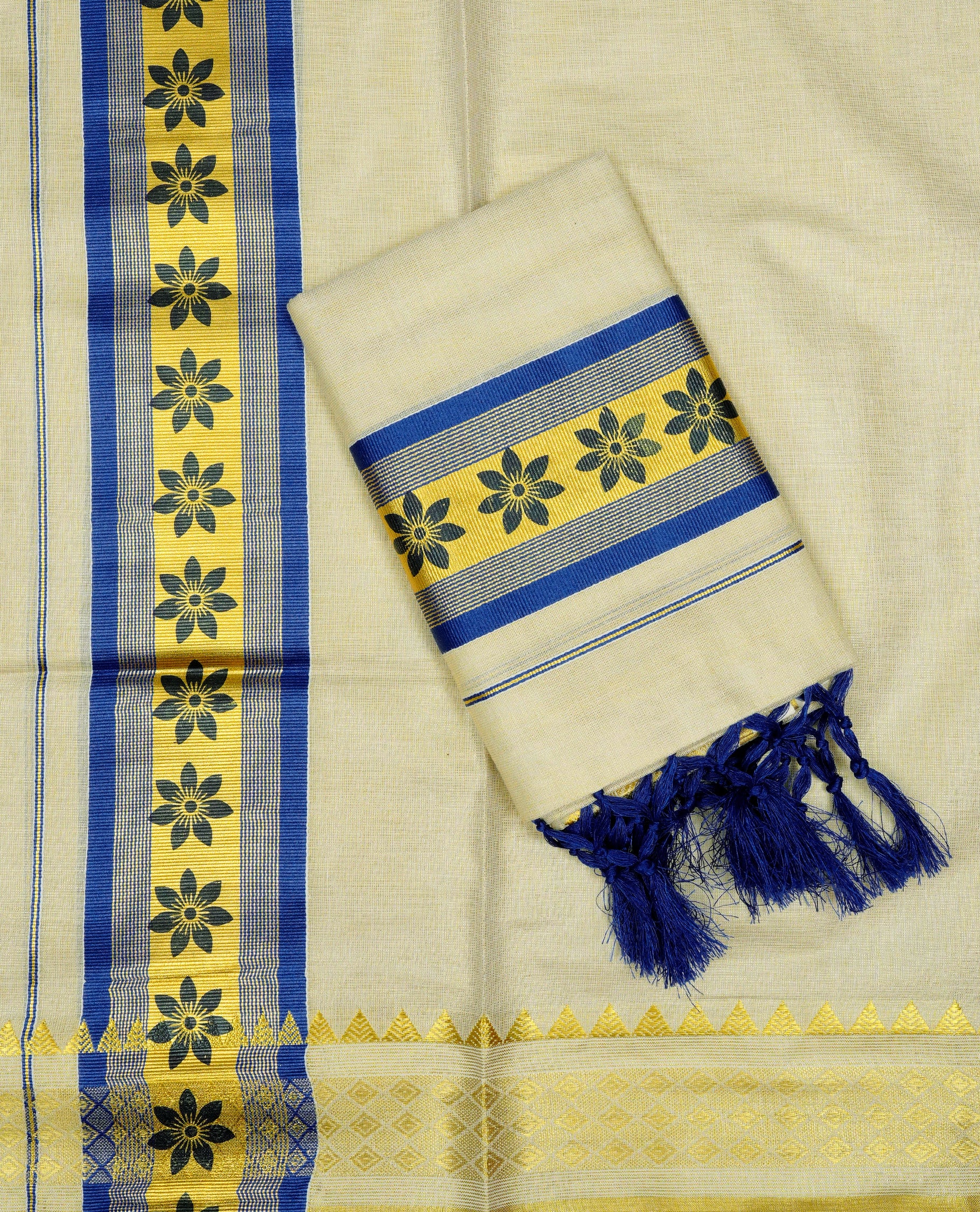 Light gold Tissue Set mundu featuring Blue floral print on gold kasav kara.