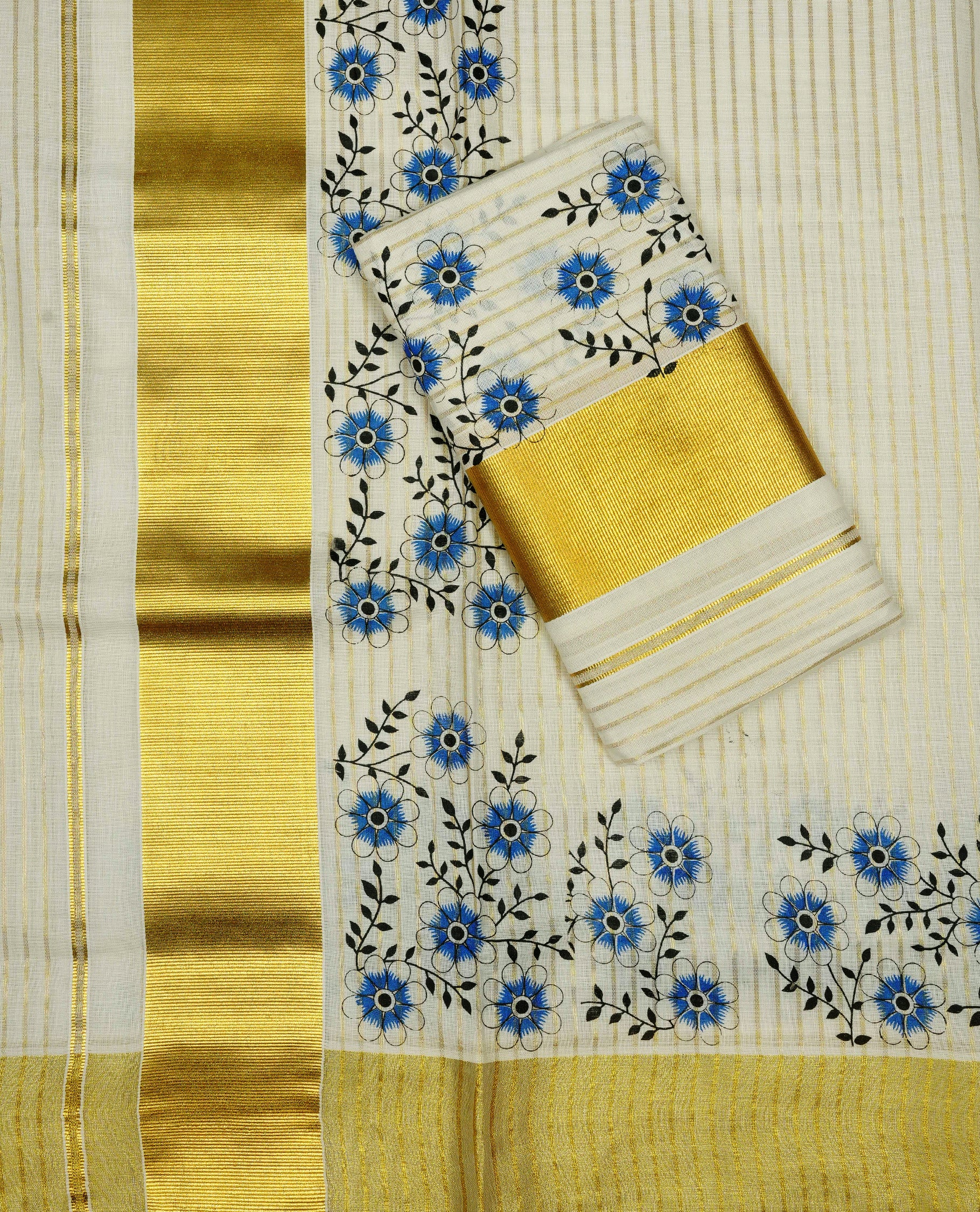Cream colour cotton set mundu featuring Gold zari strips on body & Floral print Kasav border.