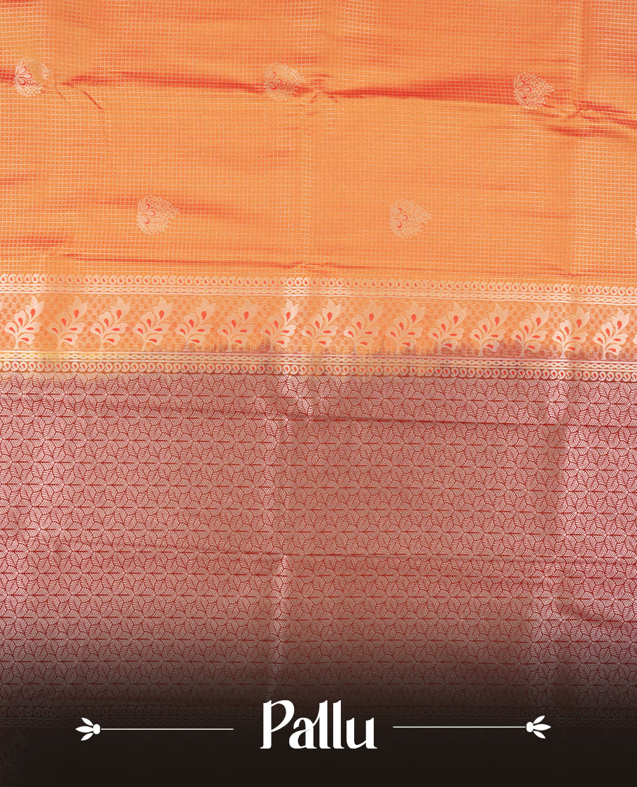 Mustard orange colour Semi Silk Saree with gold zari stripes on the body, paired with a contrast deep red colour pallu with rose gold zari traditioal border, and a matching blouse piece.