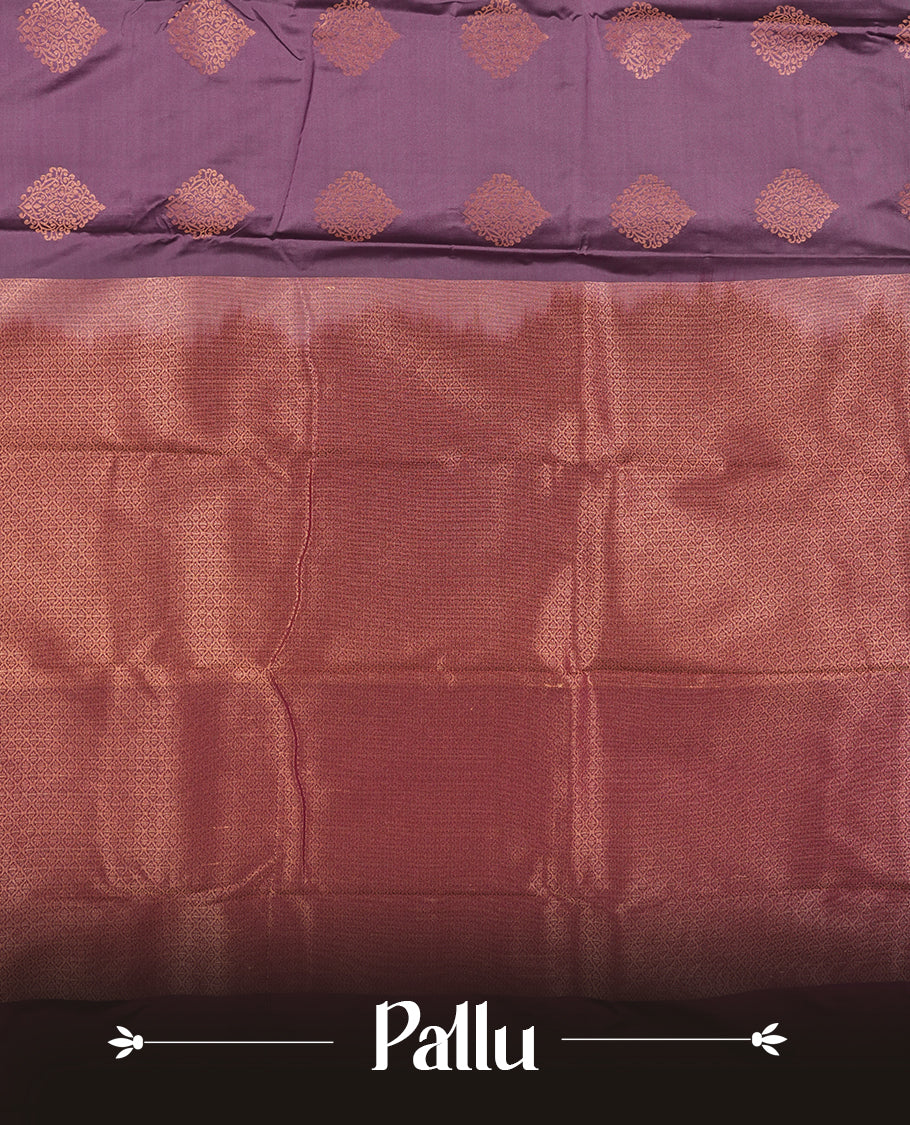 Light purple colour Semi Silk Saree with gold zari motifs on the body, paired with a contrast Wine colour pallu with copper zari traditioal border, and a matching blouse piece.