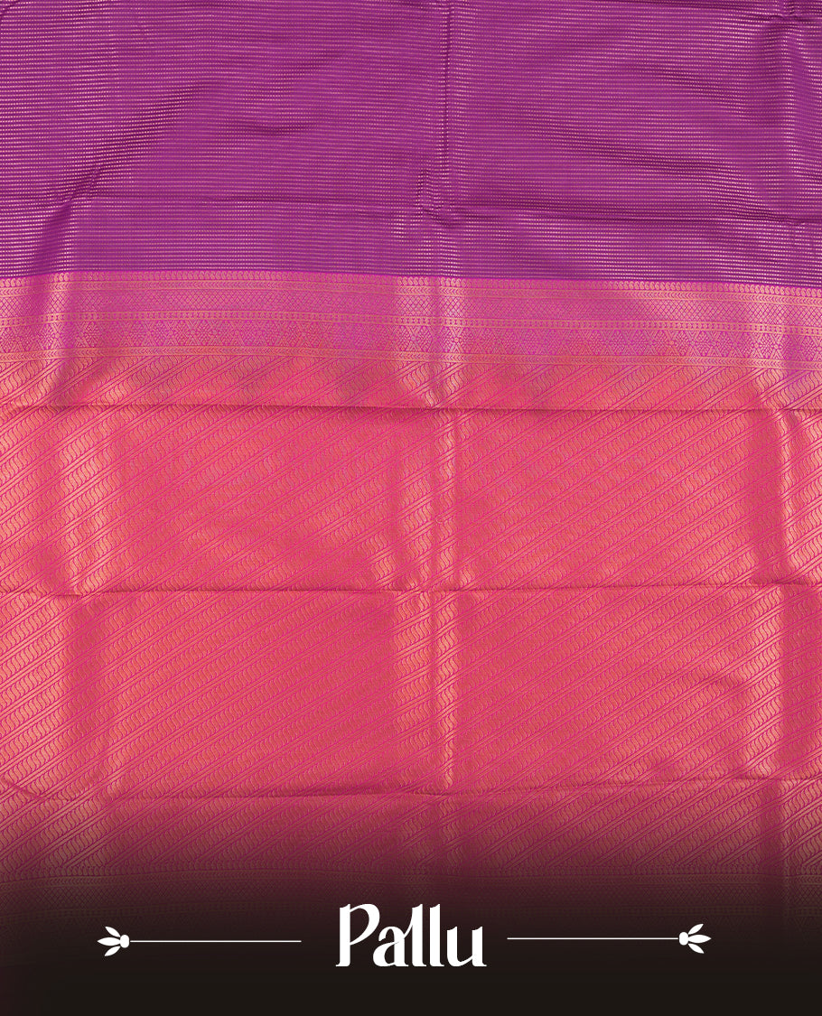 Dark Purple colour Semi Silk Saree with gold zari stripes on the body, paired with a contrast rani pink colour pallu with self colour gold zari traditioal border, and a matching blouse piece.