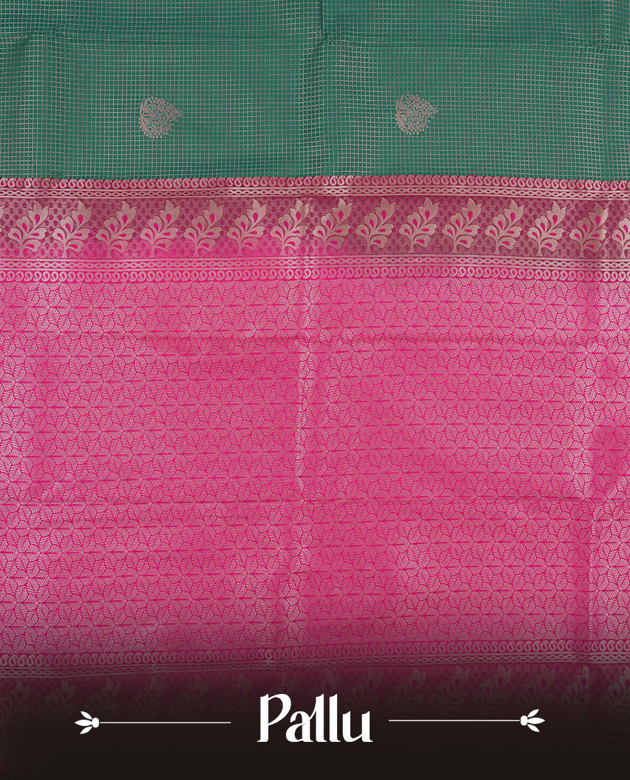 Pine green colour Semi Silk Saree with rose gold zari checkered on the body, paired with a contrast Teal green colour pallu with rose gold zari traditioal border, and a matching blouse piece.