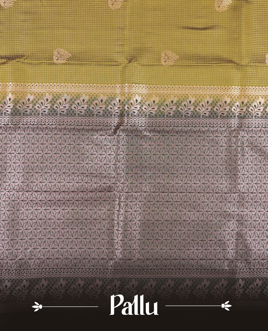 Olive brown colour Semi Silk Saree with copper zari checkered on the body, paired with a contrast Dark green colour pallu with Rose gold zari traditioal border, and a matching blouse piece.