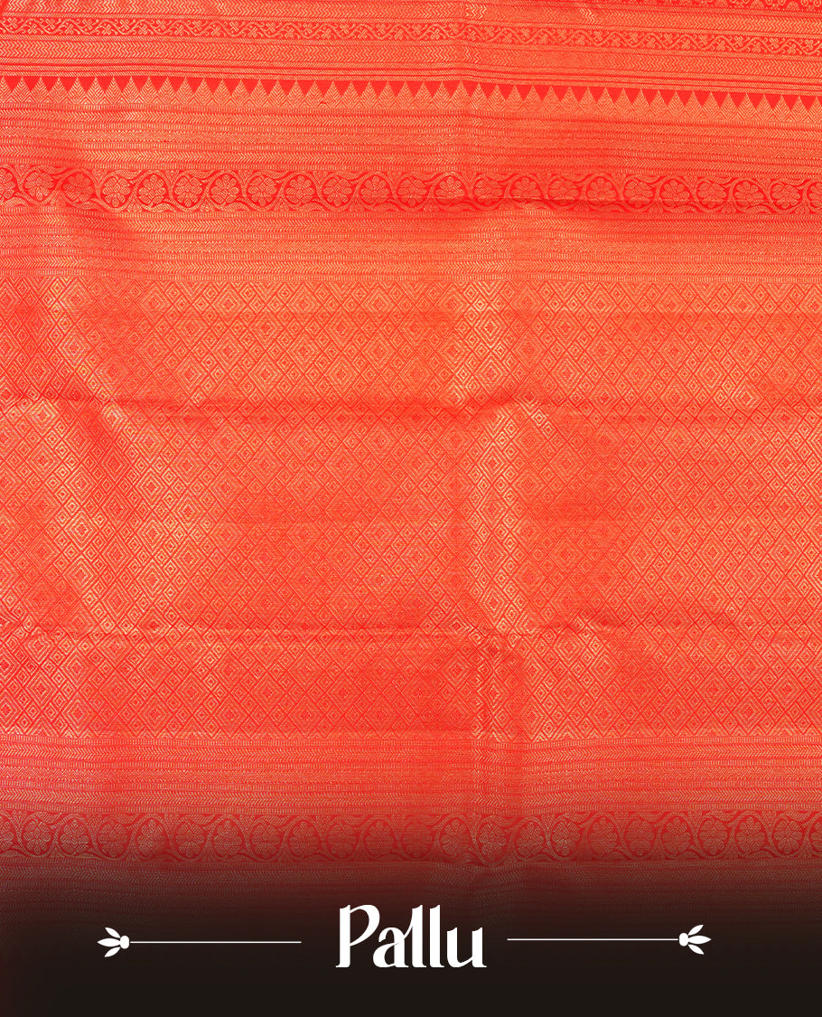 Bright red colour Kanchipuram Samudrika Silk Saree featuring Floral kodi strip pattern weaving with gold zari jacquard and a traditional zari border, paired with a matching designer jacquard blouse piece